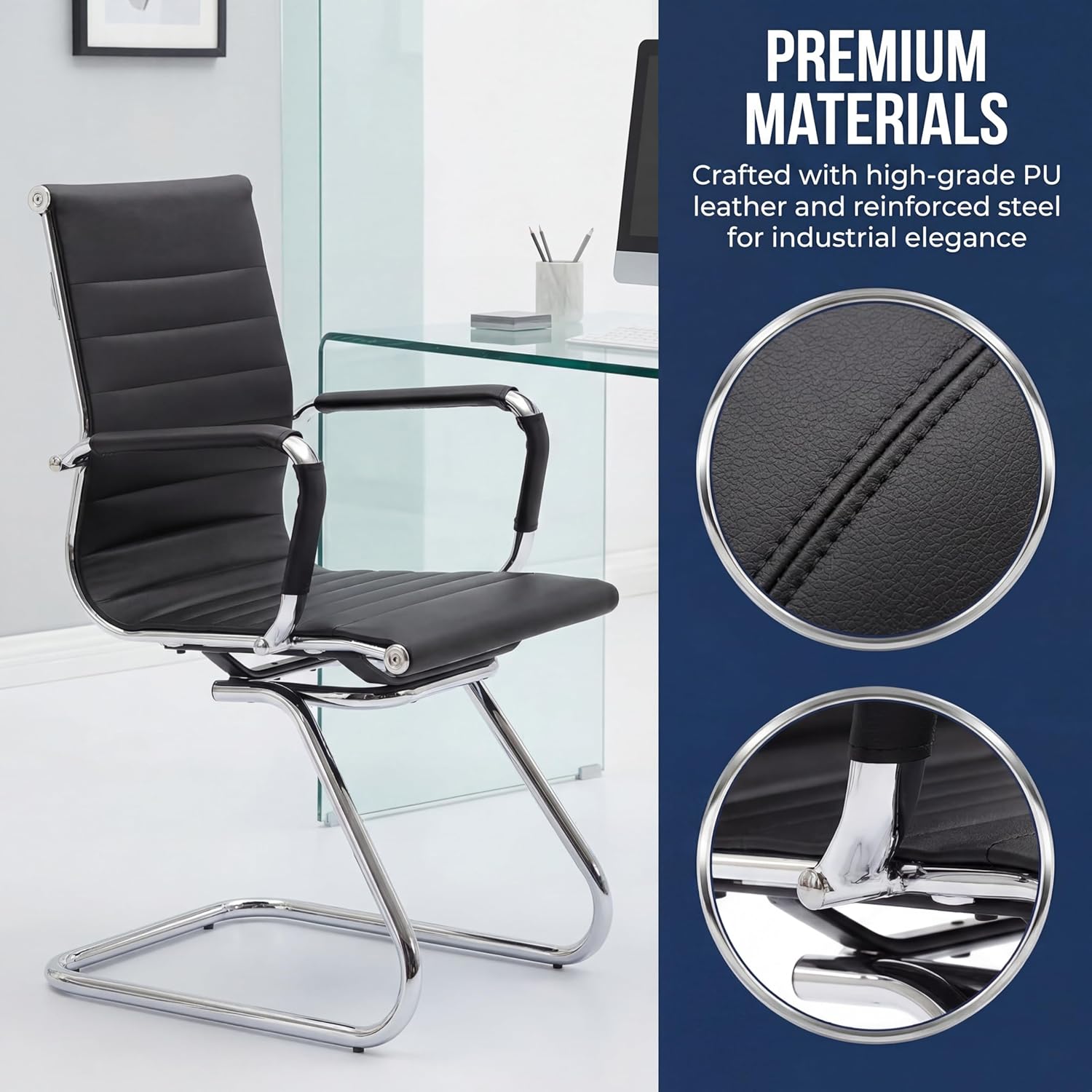 Black Office Desk Chair No Wheels Set of 8 PU Leather Computer Chairs Mid Back Guest Chairs for School Reception Conference Waiting Room, Black