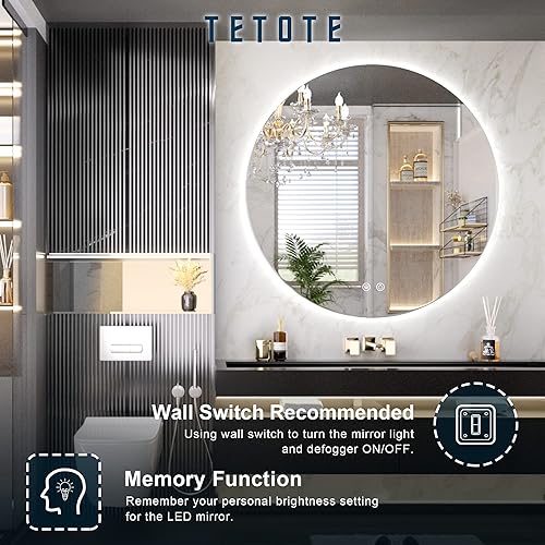 Miniatura 6 de TETOTE Espejo LED redondo para baño, espejos redondos retroiluminados de 28 pulgadas con luces, espejo de carámbano antiniebla, regulable de 3