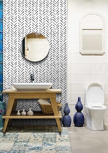 Miniatura 6 de Papel tapiz geométrico blanco y negro de 17.71 pulgadas x 472 pulgadas, papel de contacto a rayas, papel tapiz geométrico moderno, autoadhesivo,