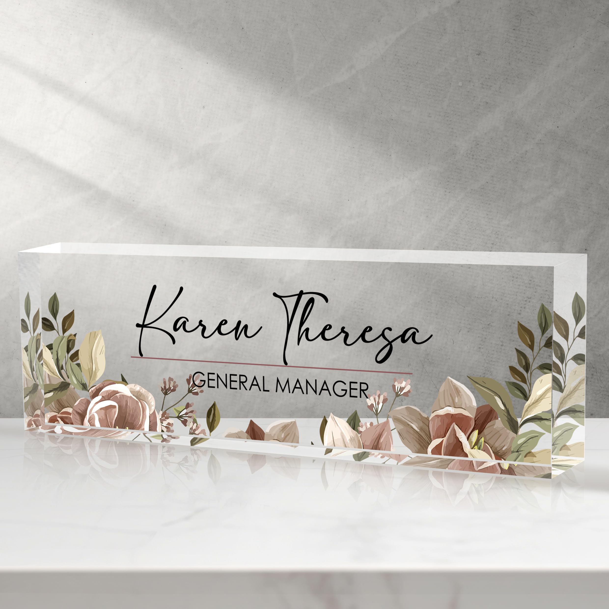 Custom Office Name Plate, Personalized Gifts for Women &amp; Men, Appreciation Gifts for Employees, Office Desk Accessory (Tea Colored Flower)