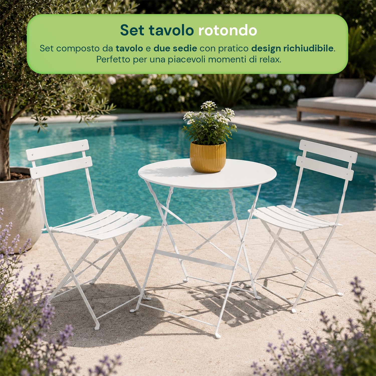Avilia - Set Tavolo e 2 Sedie da Giardino Pieghevoli – Tavolo Rotondo Ø60 cm, 2 Sedie, Ferro | Tavolo e Sedie da Esterno, Tavolo 150 kg, Sedie 100 kg, Chiudibile, Balcone e Terrazzo (Bianco)