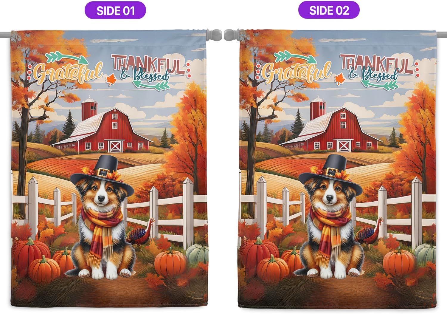 Happy Thanksgiving Miniature American Shepherd Pilgrim Grateful, Thankful, Blessed Fall Welcome House Flag 28x40in Double Sided MAS Dog Lover Gifts Outdoor Decor - 021