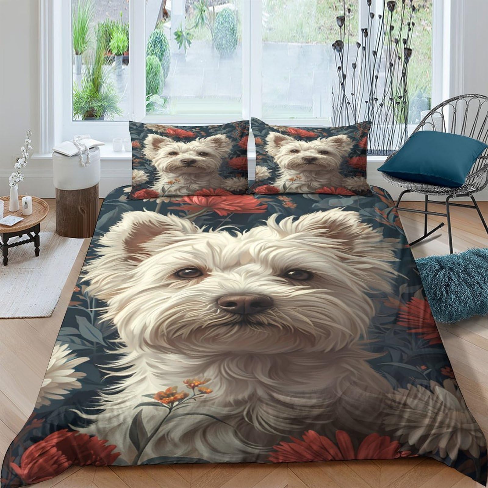 GPLZQXKJNH 3D Printed White Westie Dog Duvet Cover Microfiber Soft Breathable Floral Bedding Set with 2 Pillowcases for Bedroom Decor Single（135x200cm）