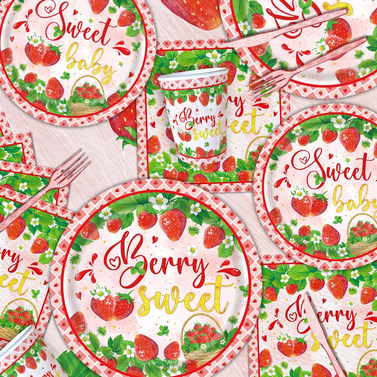 123PCS Strawberry Party Decorations Strawberry Theme Birthday Party Supply Berry Sweet Baby Shower Decorations Fruit Themed Decor Berry First Birthday Tableware Set - Plates Tablecloth Cups Serves 20 - Image 5