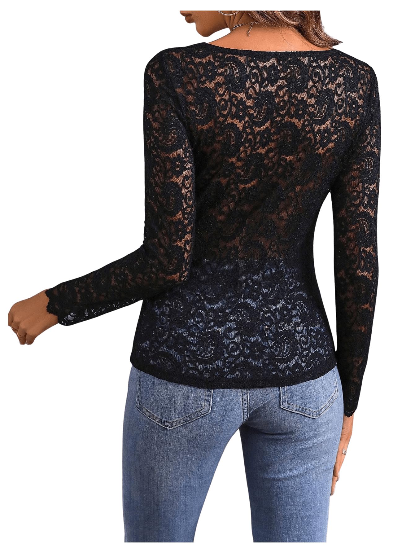 GORGLITTER Camicia da donna in pizzo, elegante, a maniche lunghe, in pizzo, vintage, a maniche lunghe, per feste