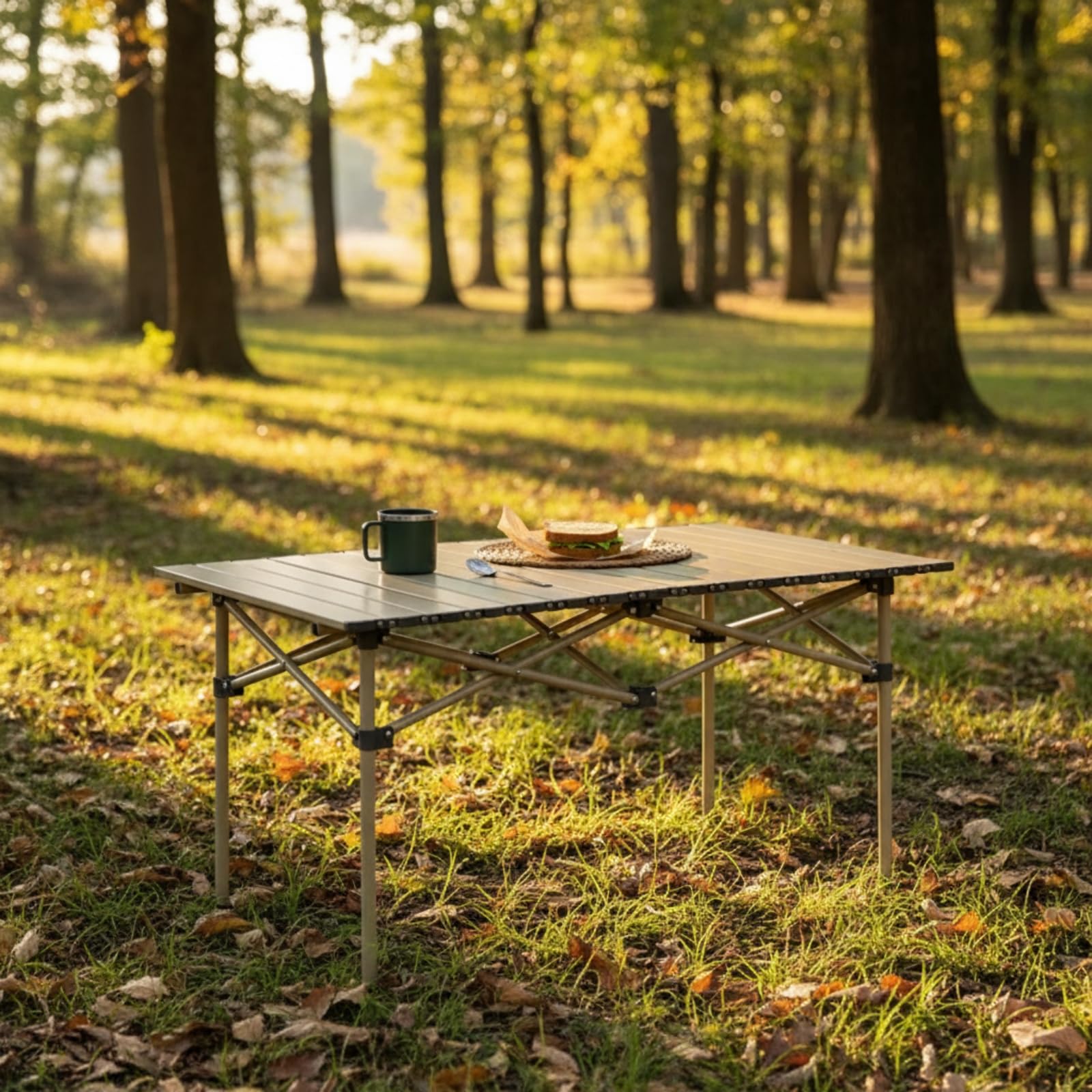Mesa Plegable Acero con Estructura en X y Tablero Ranurado para Montaje Rapido y Almacenamiento Facil para Camping Barbacoa Playa Acuado para Cenas Exteriores scanso Familiar Picnic, Beige