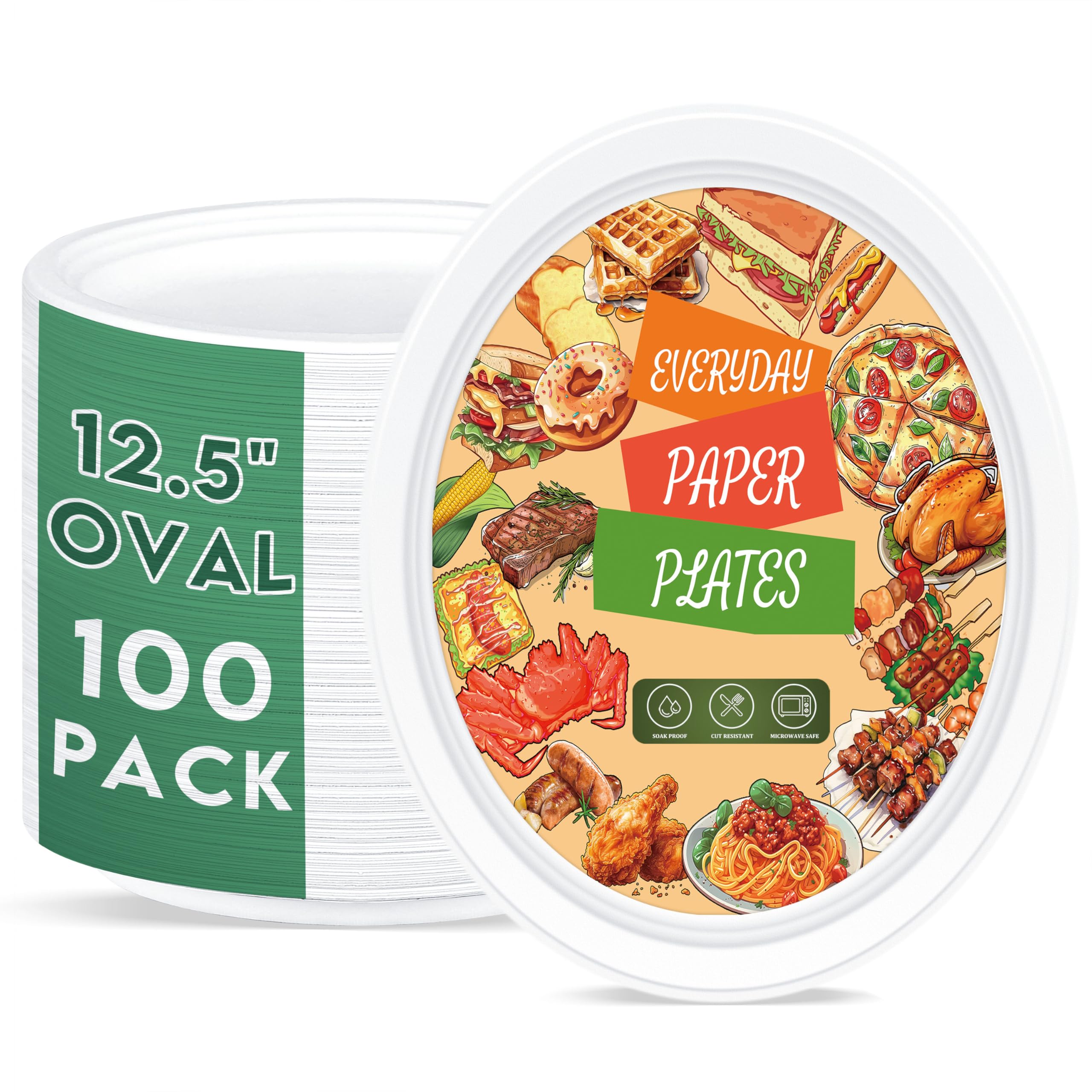 ZOES HOMEWARE Platos de papel ovalados 100% compostables de 12 pulgadas a granel, 100 unidades, platos desechables grandes y resistentes, platos de pulpa de caña de azúcar ecológicos para fiestas,