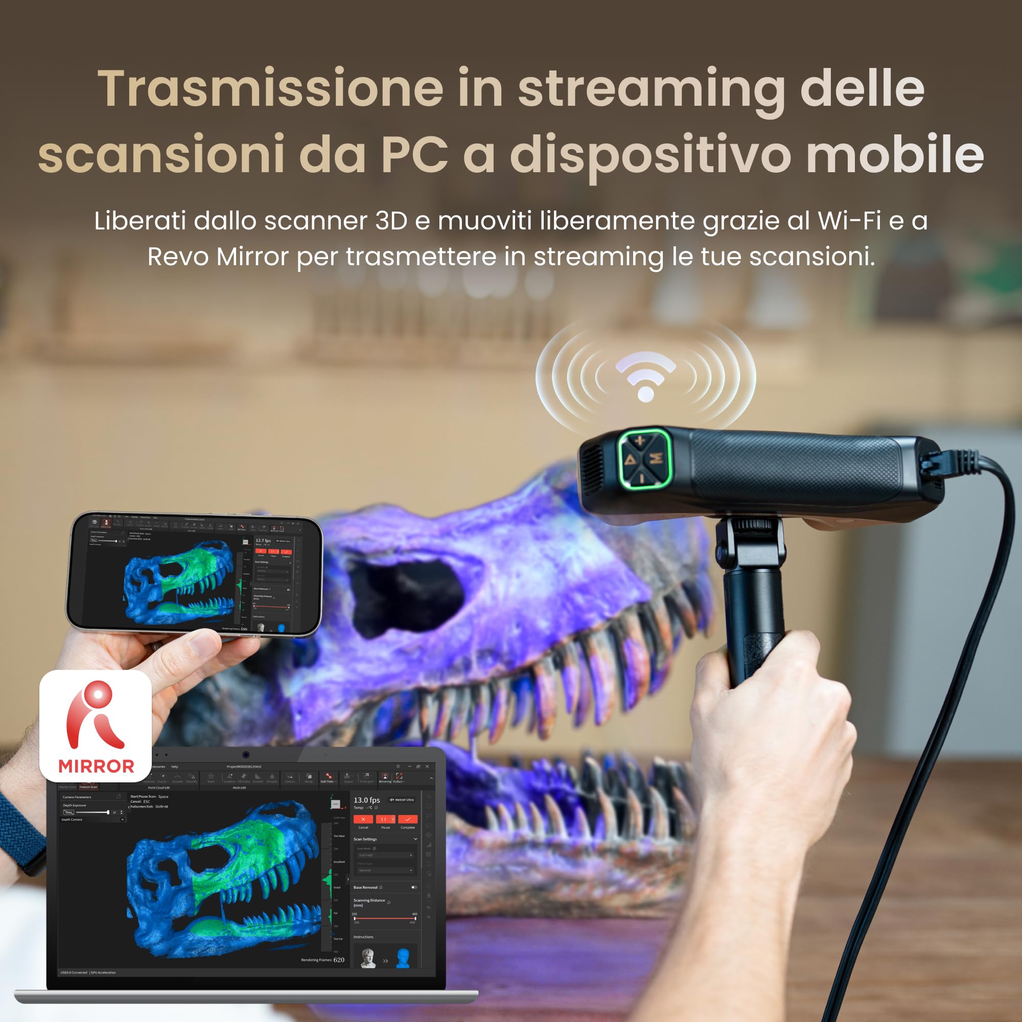 Revopoint MetroY Ultra Scanner 3D, con Laser Blu di Precisione da 0,01 mm, Alta Velocità a 90 FPS, Wi-Fi 6 Wireless, Scansione Esterna, Scansione a Colori per Reverse Engineering e Stampa 3D, Standard