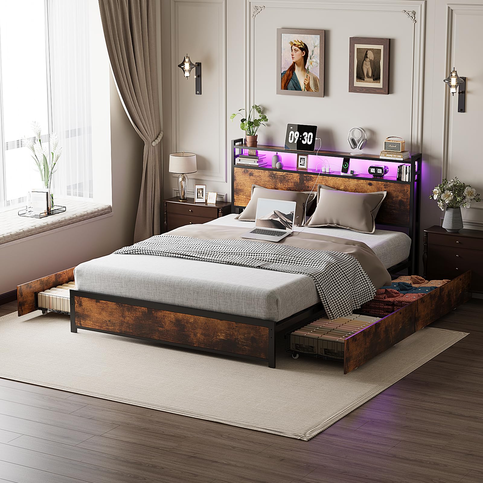 Bonnlo Double Bed Frame with 4 Storage Drawers & Charging Station (2 USB/2 Outlets & 1 Type-C Ports), Metal Bed Frames LED Double Bed - Storage Headboard & LED Light, No Mattress, 135x190cm