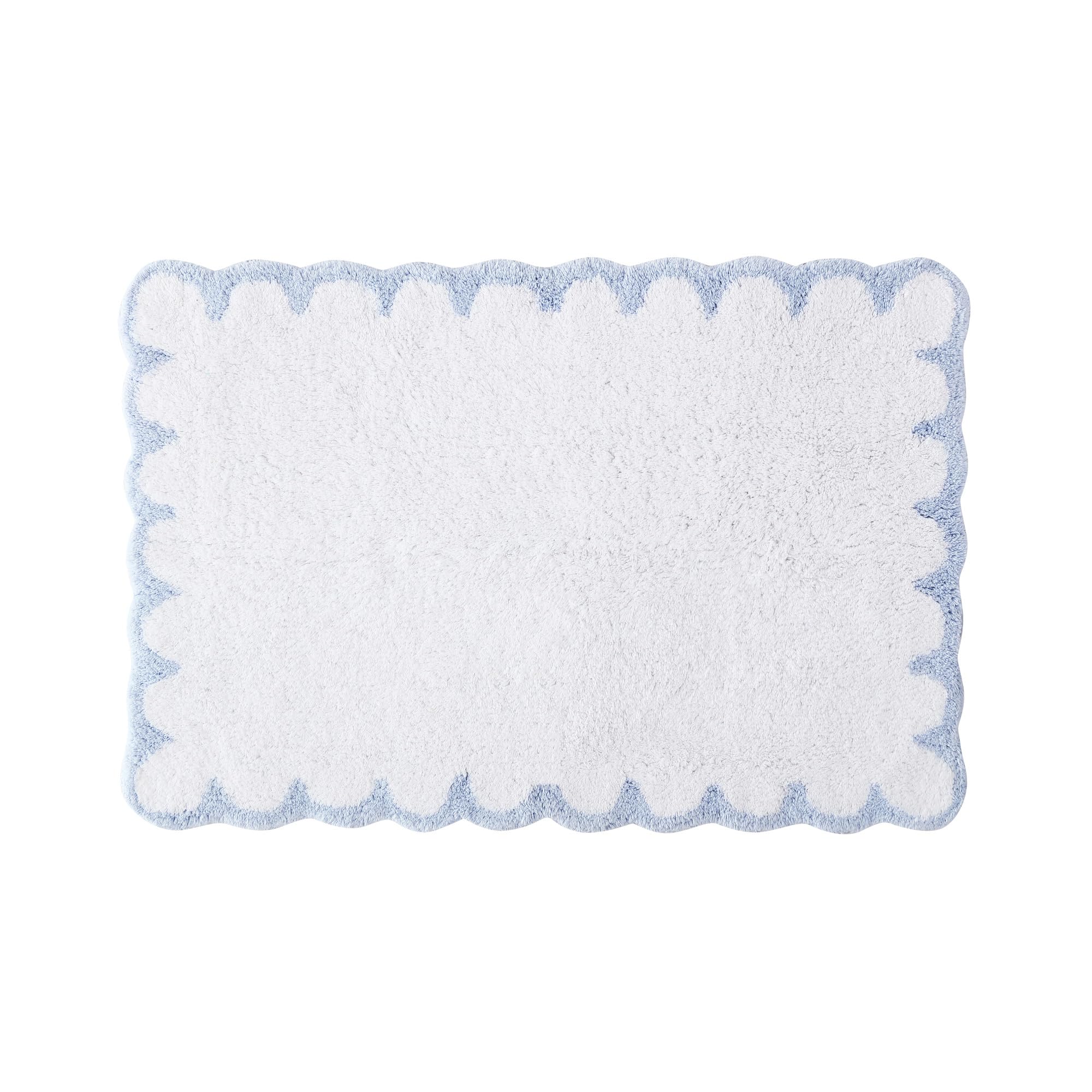 Peri Home Scalloped Bath Rug - Soft & Absorbent 100% Cotton Tufted Bath Mat, 20" x 30", White with Blue Scallop