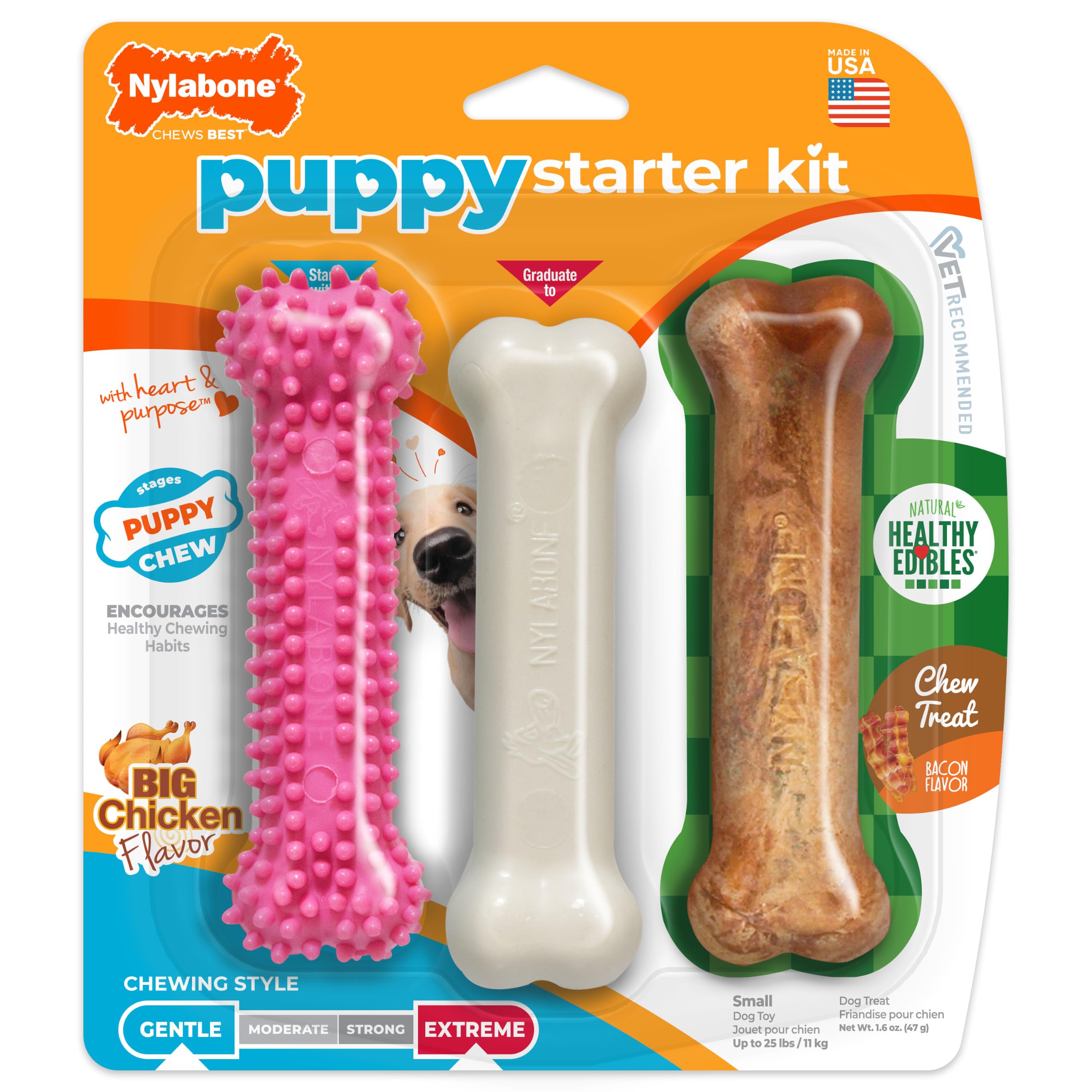 Nylabone Szczeniak, potrójne opakowanie - różowa zabawka dla szczeniaka, nylonowa zabawka dla psa i przysmaki do żucia - artykuły dla szczeniąt - aromaty kurczaka i bekonu, małe, regularne (3 szt.)