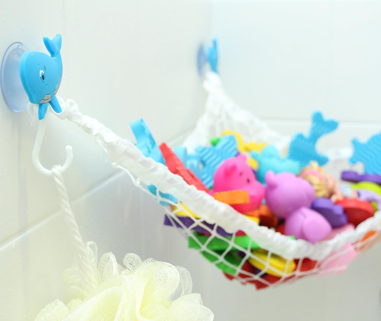 MiniOwls Bathtub Toy Storage Hammock with 3 Blue Whale Suction Cups