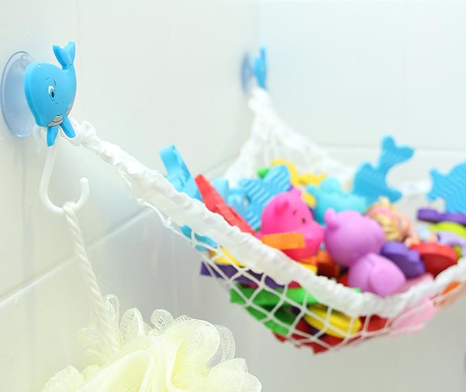 MiniOwls Bathtub Toy Storage Hammock - with 3 Blue Whale Suction Cups ...