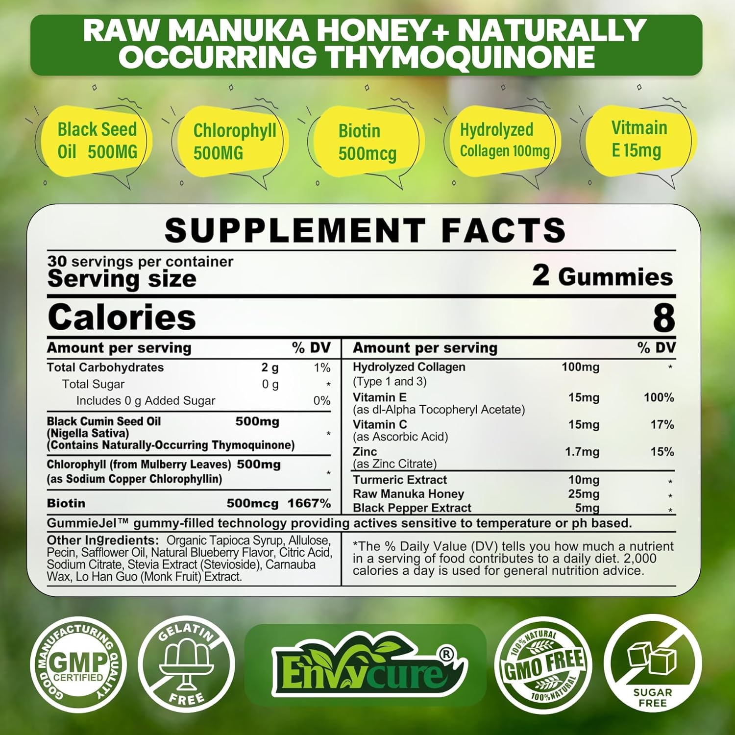 Black Seed Oil Gummies & Chlorophyll, Biotin 500mcg with Hydrolyzed Collagen, Raw Manuka Honey, Organic Cold Pressed - Ultimate Absorption for Skin, Hair & Nails, Digestive, Overall Health,2 Pack