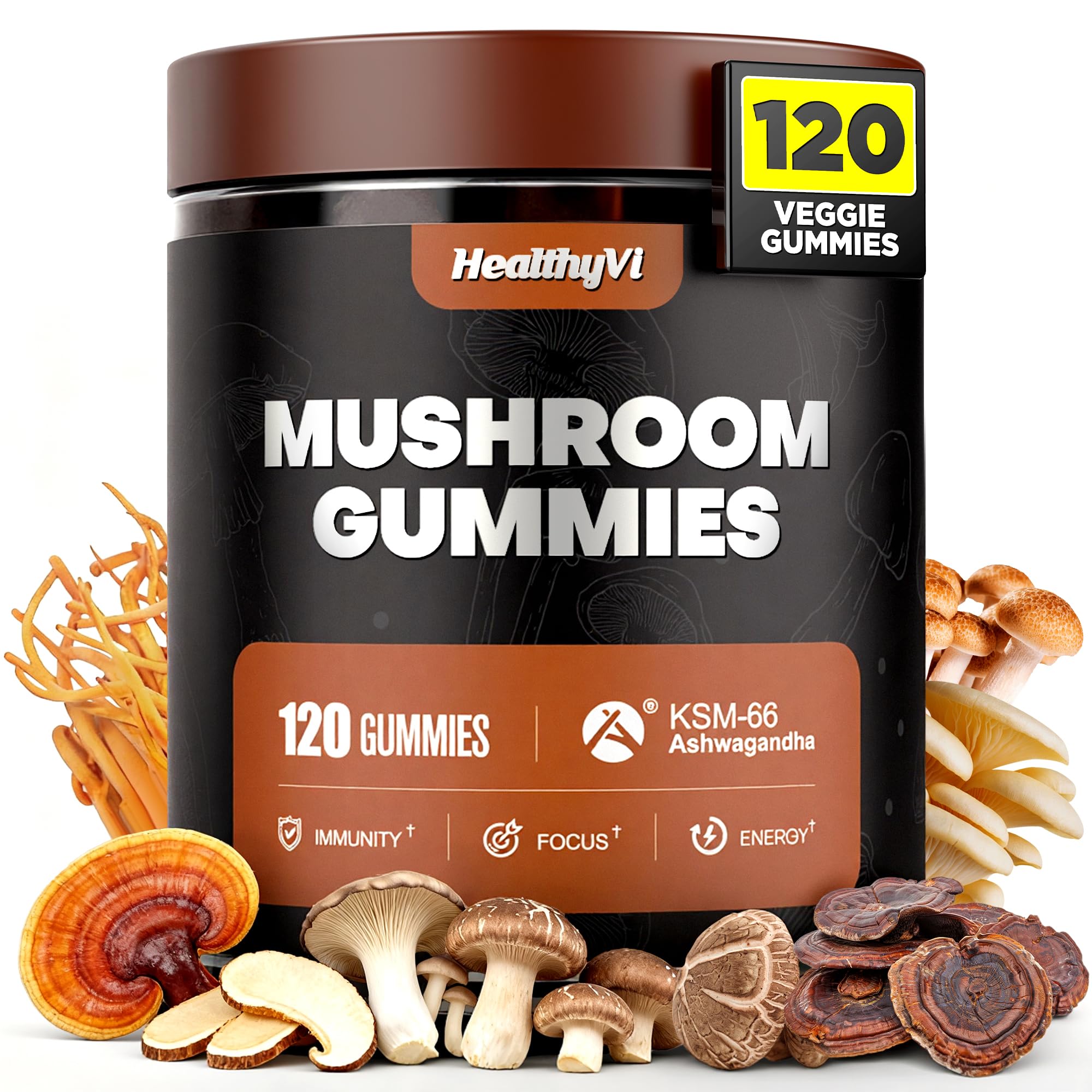 10-In-1 Mushroom Gummies with KSM-66 Ashwagandha & Magnesium Threonate Boosts Focus, Memory & Cognitive, 120 Ct Mushroom Supplement with Vitamin D3 & B12 for Immunity & Energy, Vegan, Blueberry Flavor 120 Count (Pack of 1)