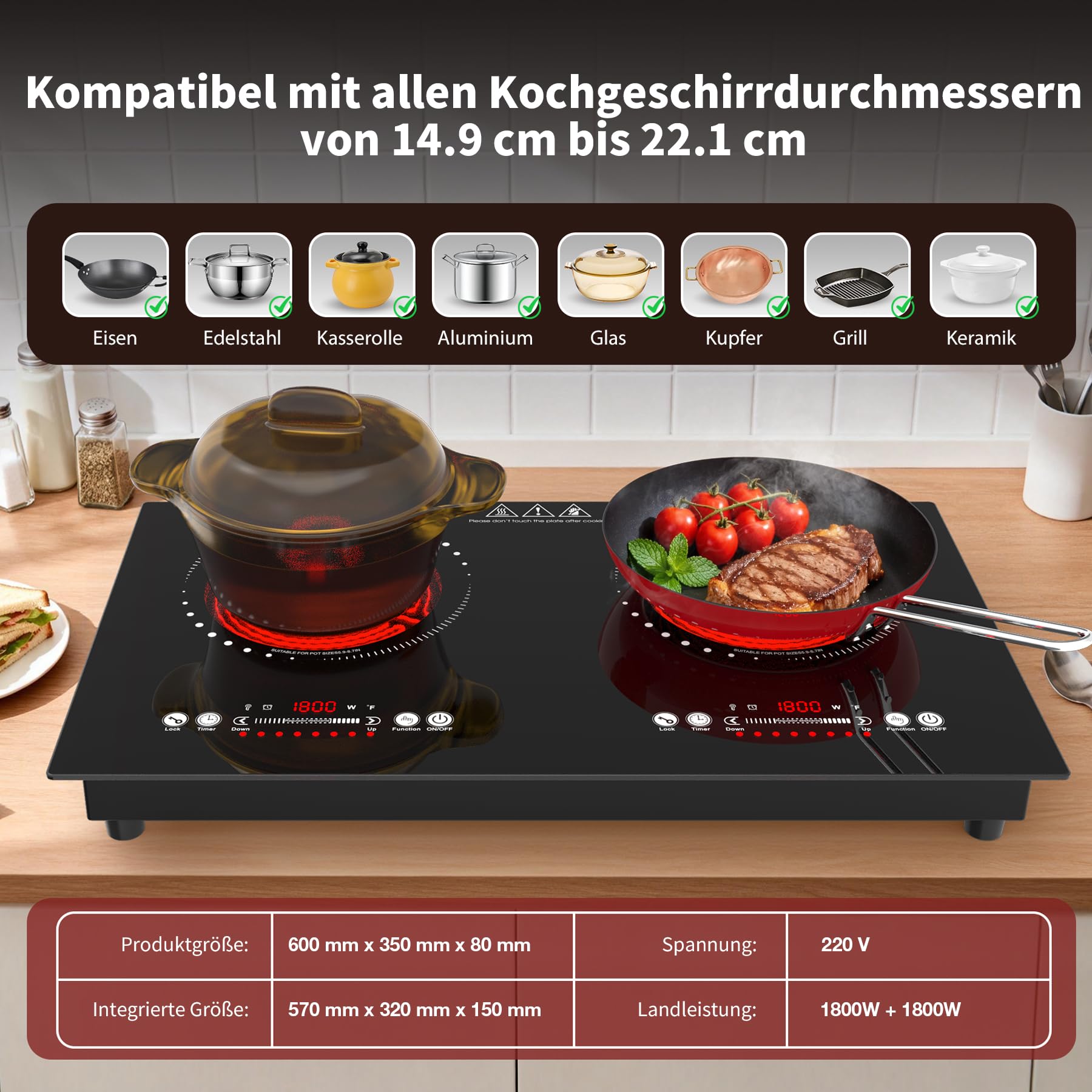 VBGK Keramikkochfeld, 220V, 3600W, Keramikkochfeld mit LED-Touch-Steuerung, 9 Leistungsstufen, Kindersicherung und 4-Stunden-Timer, Überhitzungsschutz kochfelder, Glaskeramikkochfeld 2 Platten