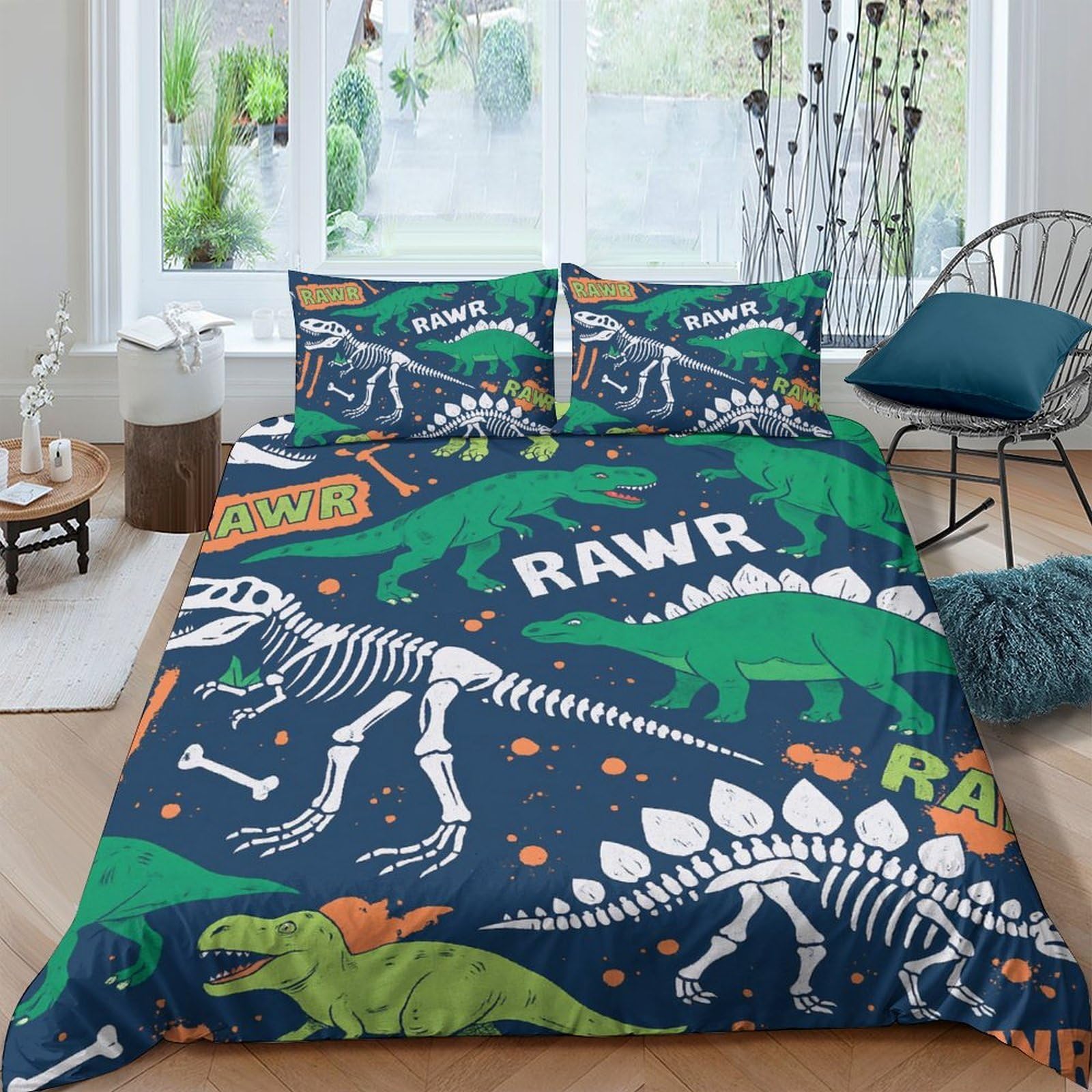 Ctjqhvkz Style-1 3D Printed Dinosaur Skeleton Fitted Sheet Microfiber Soft Kids Bedroom Decor Green Cartoon Bed Cover For Home Dorm Single（135X200cm）