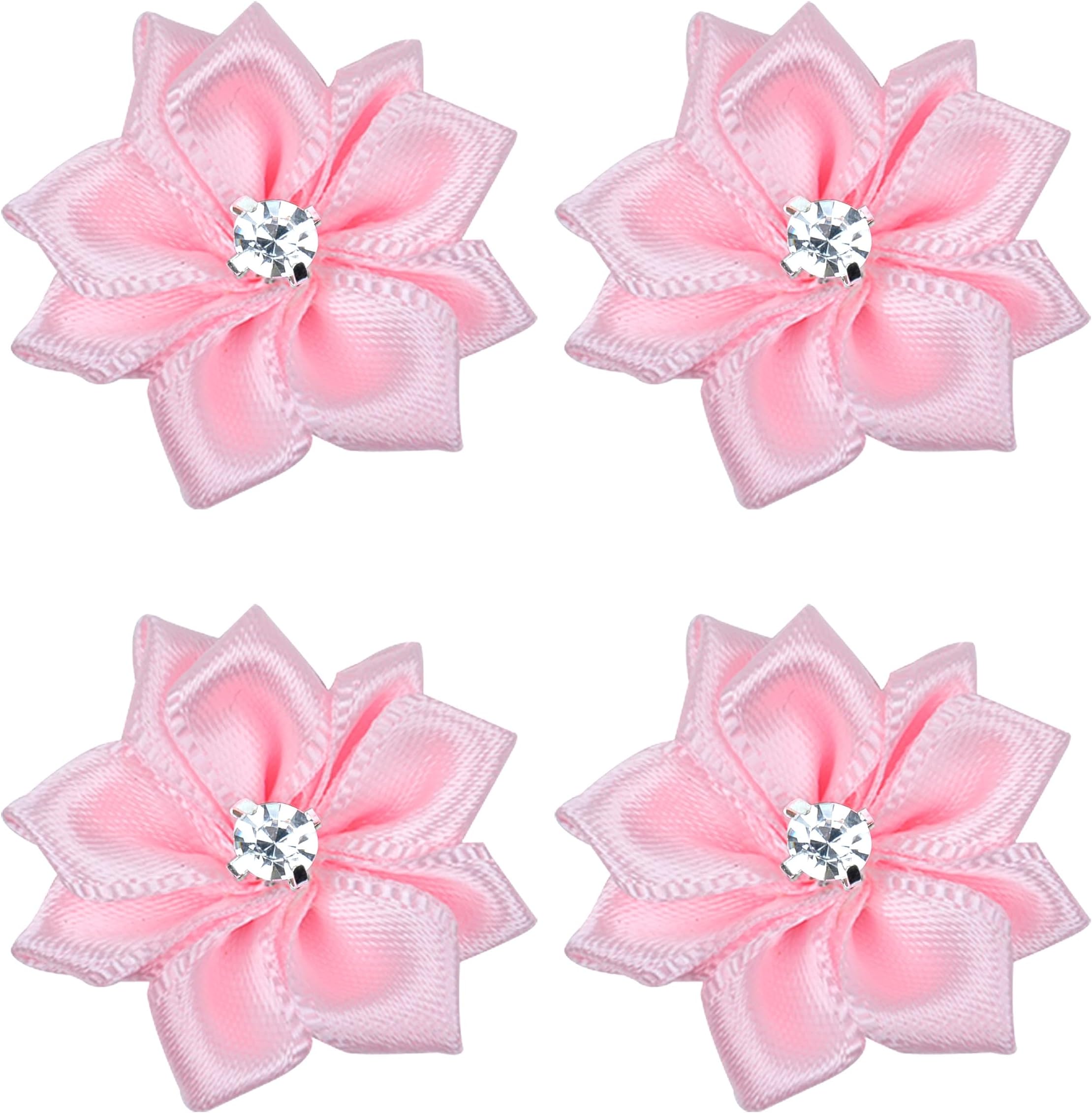 YAKA 60pcs Pink Satin Ribbon Flowers Bows Rose w/Rhinestone Appliques Craft Wedding Ornament 1.1inch