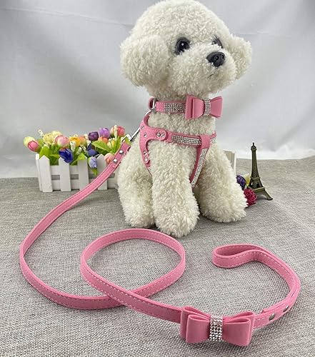 Miniatura 3 de Newtensina Bowtie - Juego de collar y arnés y correa para perro, cómodo y suave collar de cachorro de diamante con arnés y correas para perro, rosa,