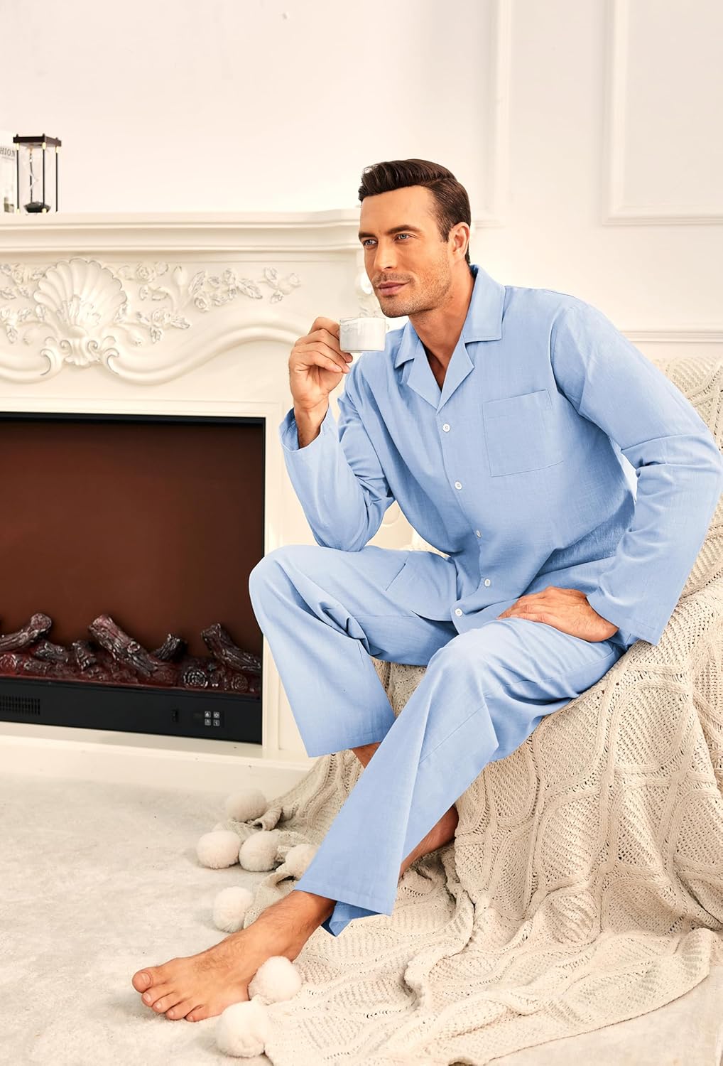 Ekouaer Men's Long Pyjamas Cotton Two-Piece Sleepwear Long Sleeve Loungewear Winter S-XXL - Image 3