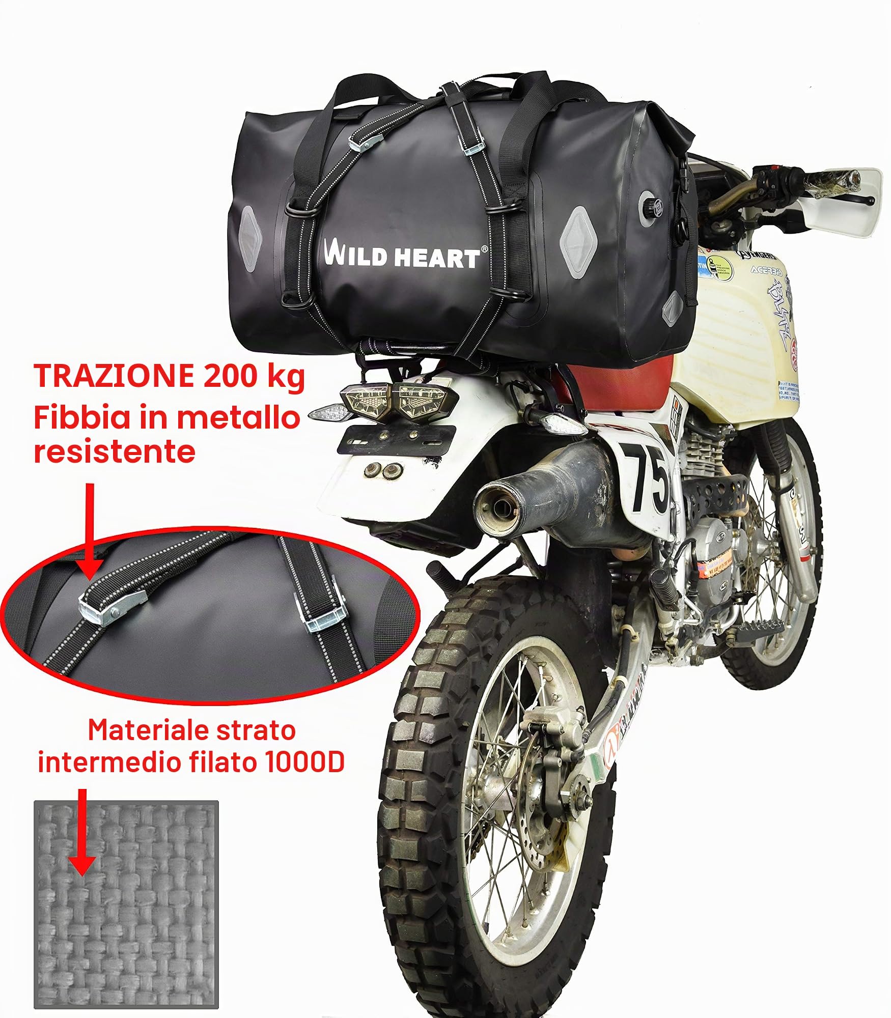 WILD HEART 5L 66L 77L Borsa da Moto Borsone da viaggio,Motociclismo, Ciclismo, Escursionismo,Campeggio(100L, nero)