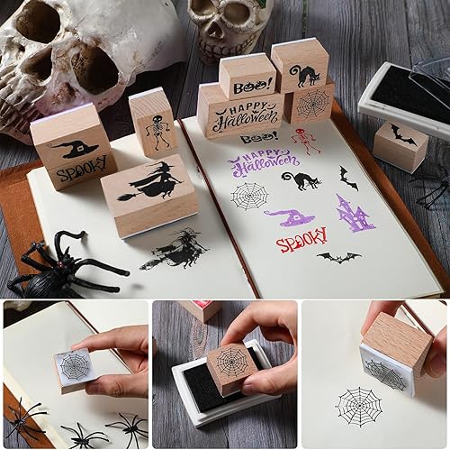 Miniatura 3 de Woanger 15 sellos de goma de madera de Halloween y almohadillas de tinta para manualidades, sellos de tarjetas de manualidades, sellos de goma de