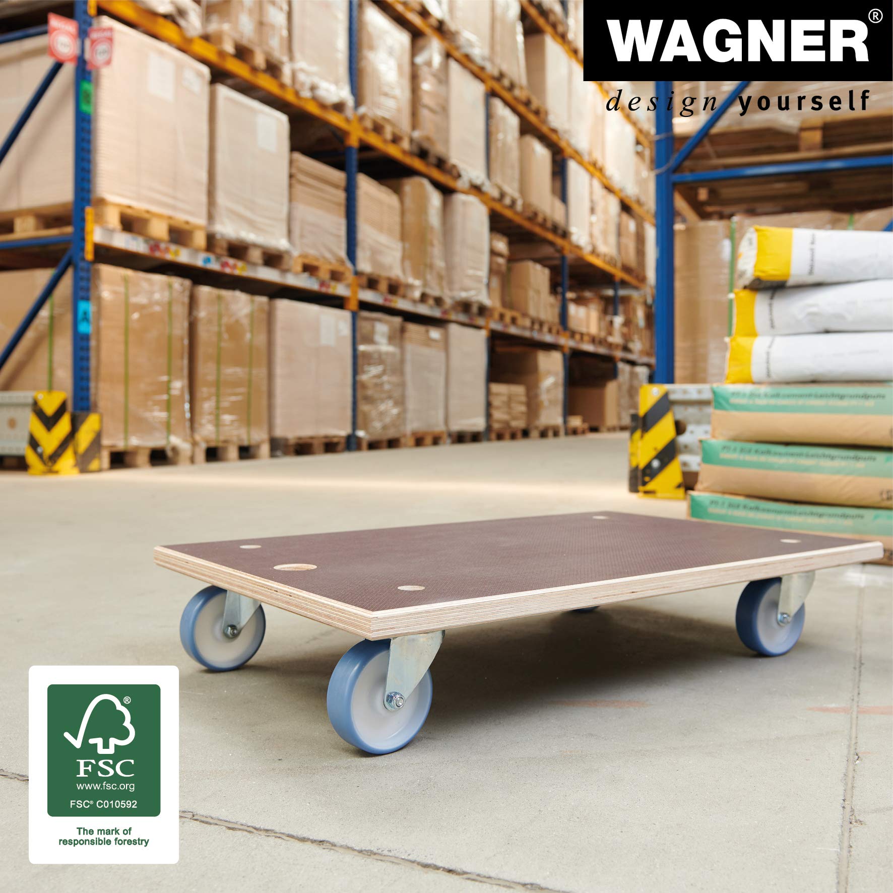 WAGNER Transportroller Transporthilfe 1146 I Schichtholz 24 mm mit Grip 78 x 49 x 15 cm, Tragkraft 500 kg I Schwerlastroller für Umzug, Werkstatt, Handwerk I Möbelroller Softrollen I FSC® I Made in DE