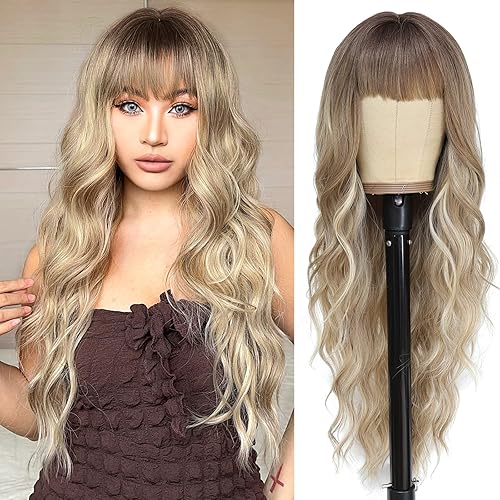 NAYOO Blonde Wigs with Bangs for Women Long Curly Wavy