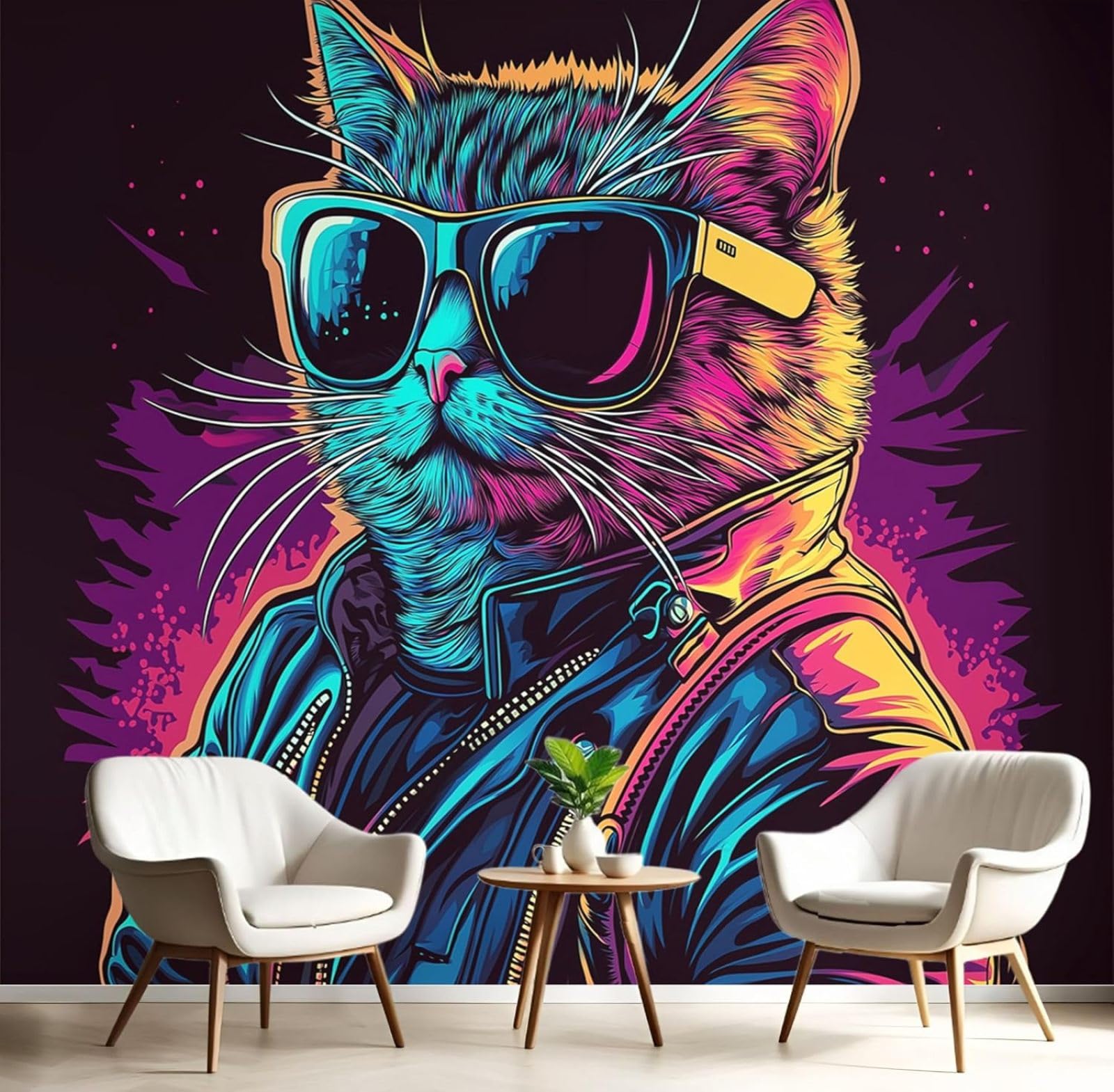 Kfjhgbdshhj 3D Mural Photo Mural-Wallpaper 3D Retro Neon Cat Mural, Cartoon Animals Wall Mural Bedroom, Tv Background Wall Modern Wall Decor, 400Cm X 280Cm Poster - Wall Sticker - Frameless Picture