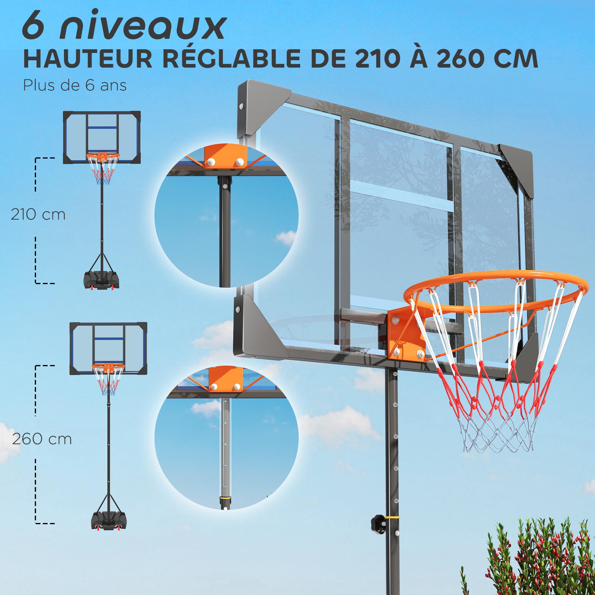AIYAPLAY Panier de Basket, Hauteur réglable de 210-260 cm, Panier de Basket extérieur et intérieur avec Roues, Base de lestage, Cadeau pour garçon et Fille, Bleu