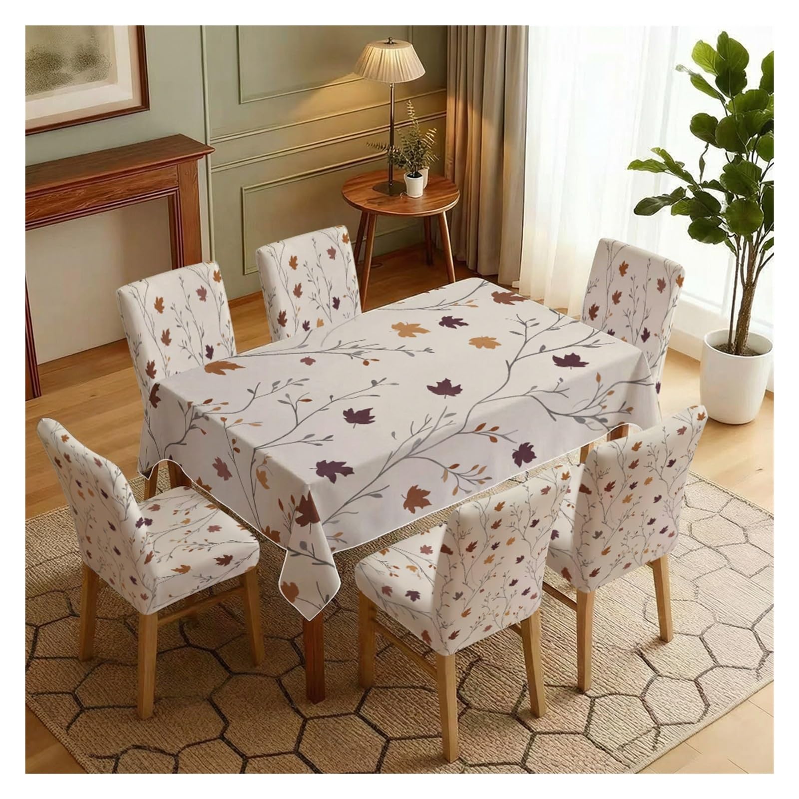 BOSUYBN Minimal Fall Maple Leaf Twig Printed Dining Tablecloth & Chair Covers Set, 5/7 Piece Neutral Autumn Farmhouse Home Decor Table Setting(7pcs Set: Tablecloth+Chair Covers)