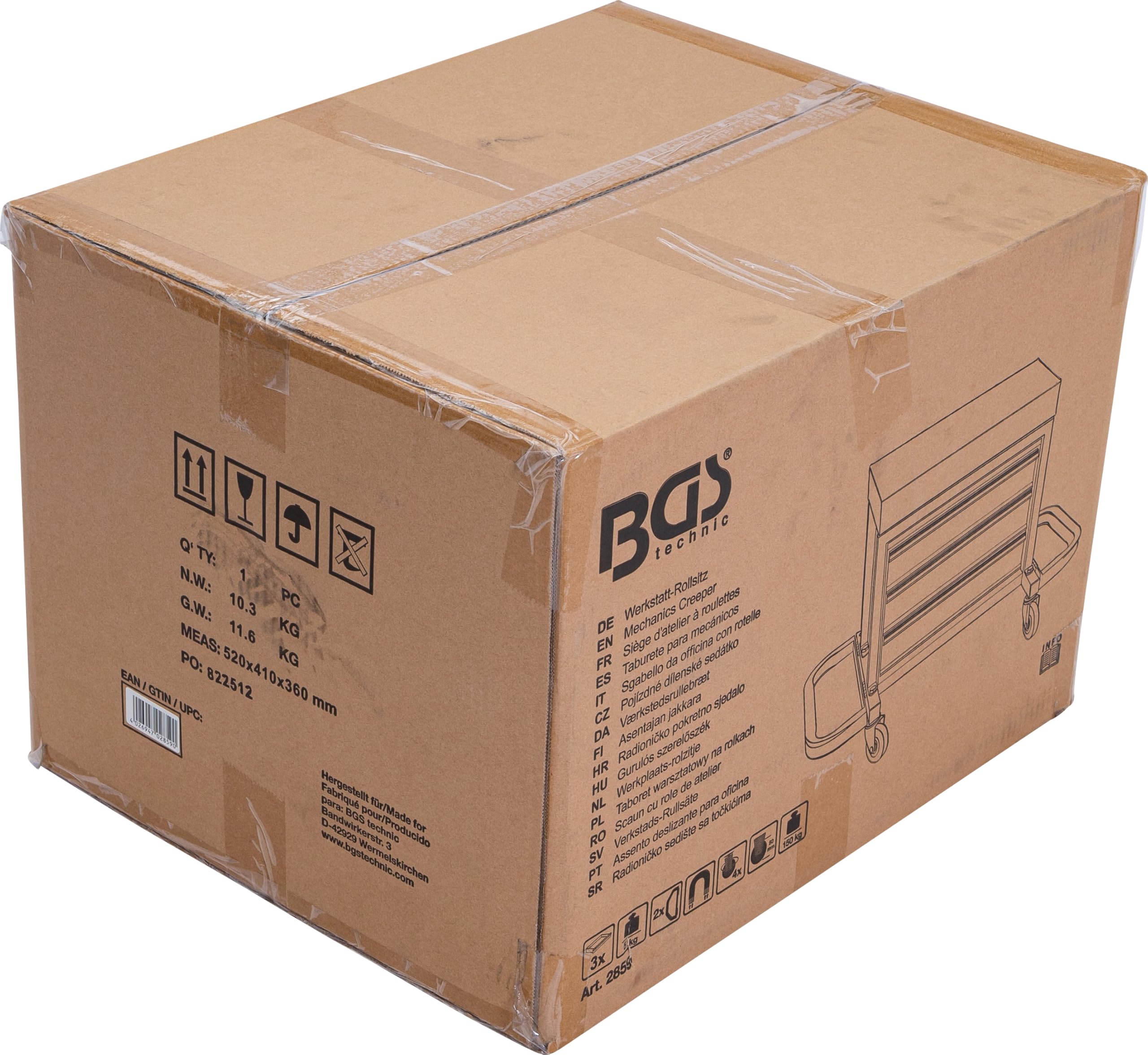 BGS 2859 | Werkstatt-Rollsitz | 3 Schubladen | 150 kg | 4 Lenkrollen | 2 magnetische Seitenablagen | Stahl-Vierkantrohr-Konstruktion | Rollendurchmesser 60 mm | 5 kg je Schublade