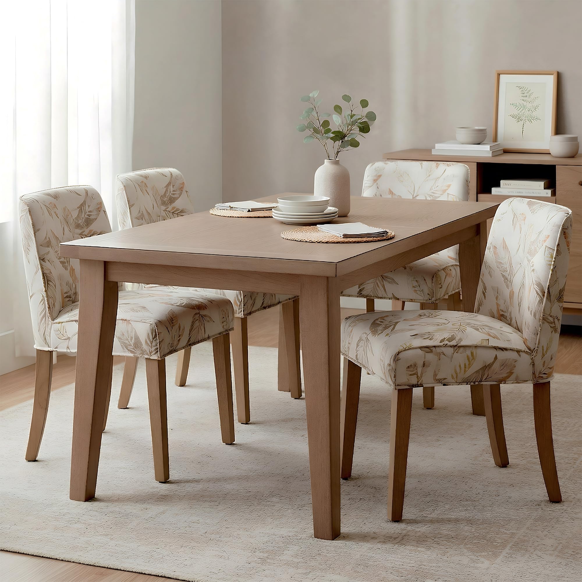 DM Furniture Mid-Century Dining Chairs Set of 4, Linen Fabric Floral Pattern Kitchen Chairs with Walnut Wood Leg Cushioned Back Modern Rustic Side