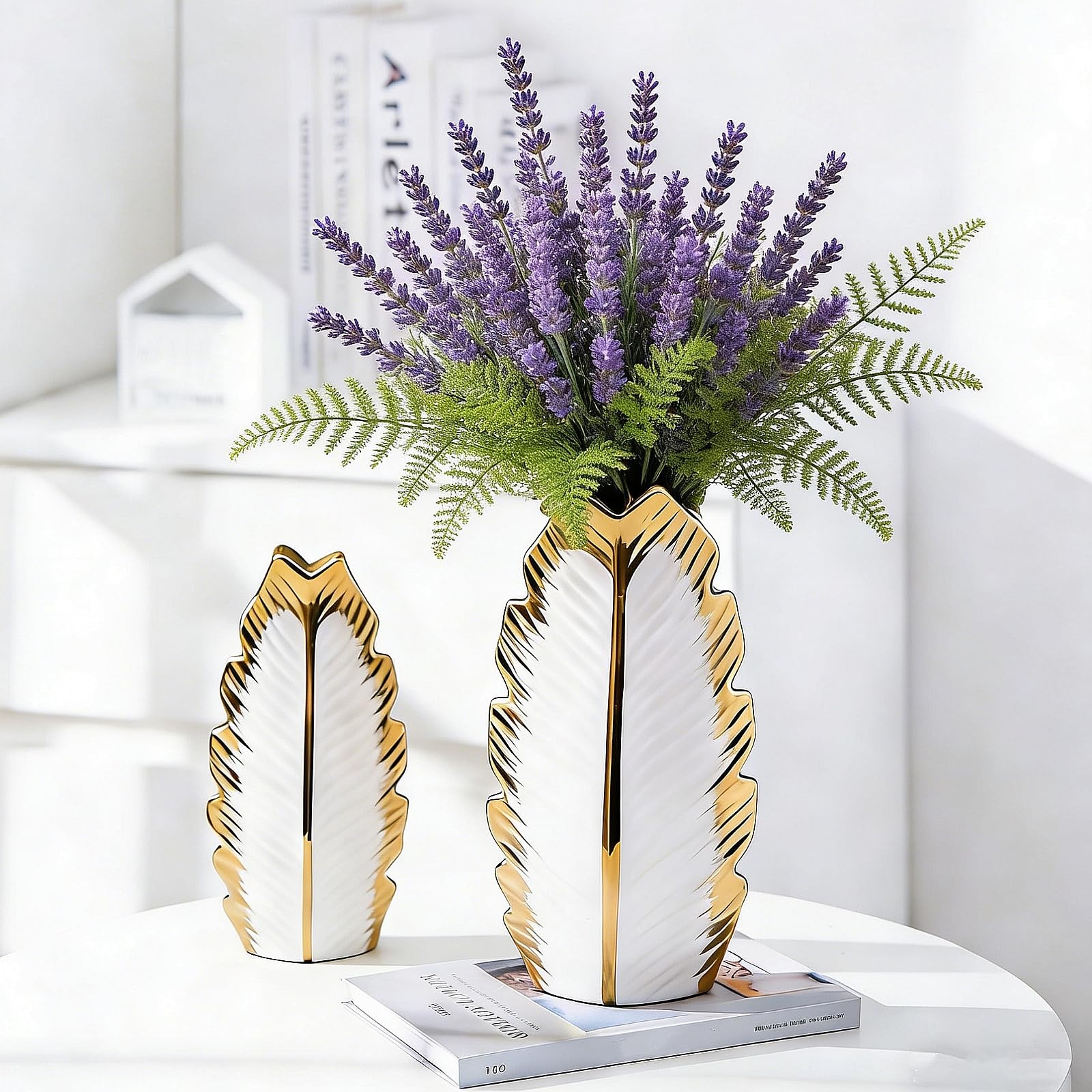 Set di 2 vasi in ceramica, moderno boho nordico, decorazione per soggiorno, matrimonio, cena, tavolo, feste, ufficio e camera da letto (Bianco e oro)