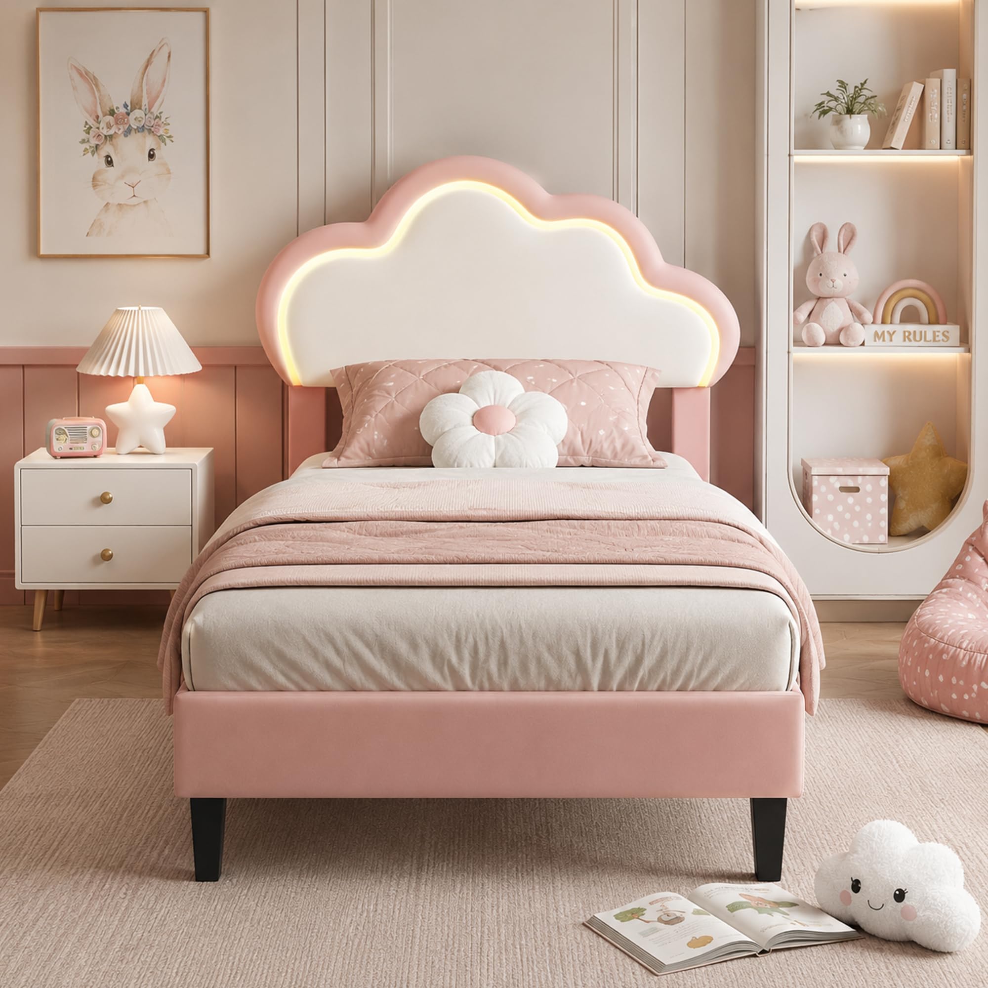 Cama infantil niña 90 x 200 cm, cama infantil nube con LED, cabecera ajustable en altura en forma de nubes, somier de láminas, camas acolchadas para 1 persona para niña adolescente, PU, rosa+blanco