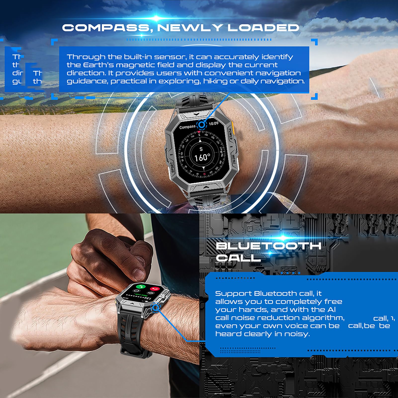 findtime Orologio da uomo con Bussola Sport Millitaire Braccialetto senza Fili Chiamata Chiara smartwatch Impermeabile Orologio Intelligente con Chiamata Bluetooth 1ATM