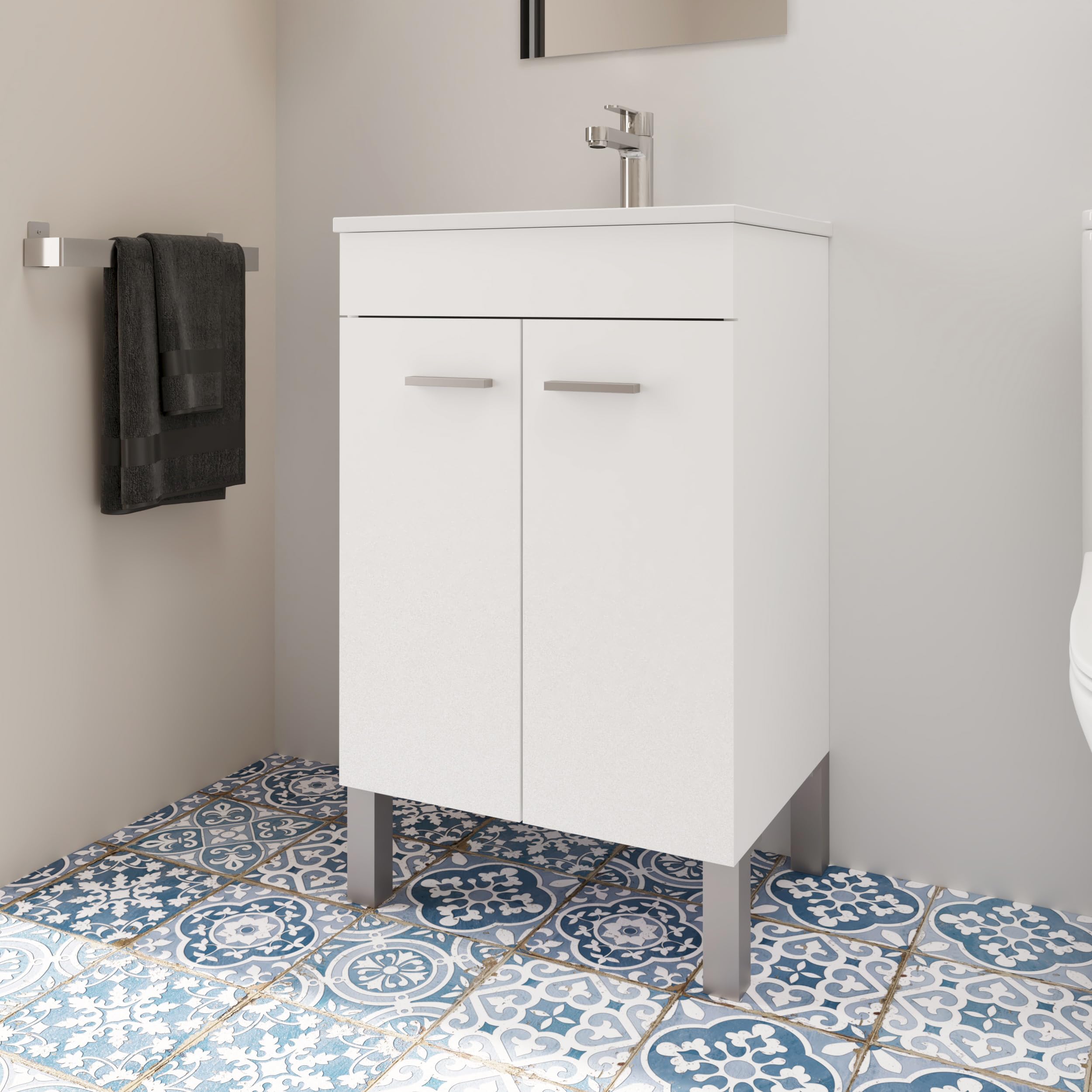 Baikal Mueble de Baño. 2 Puertas. Armario con Patas. Incluye Lavabo Cerámico y Espejo Liso. Mueble Auxiliar. Gabinete de Baño. Armario Auxiliar. Se Entrega en Kit. 50cm Blanco.