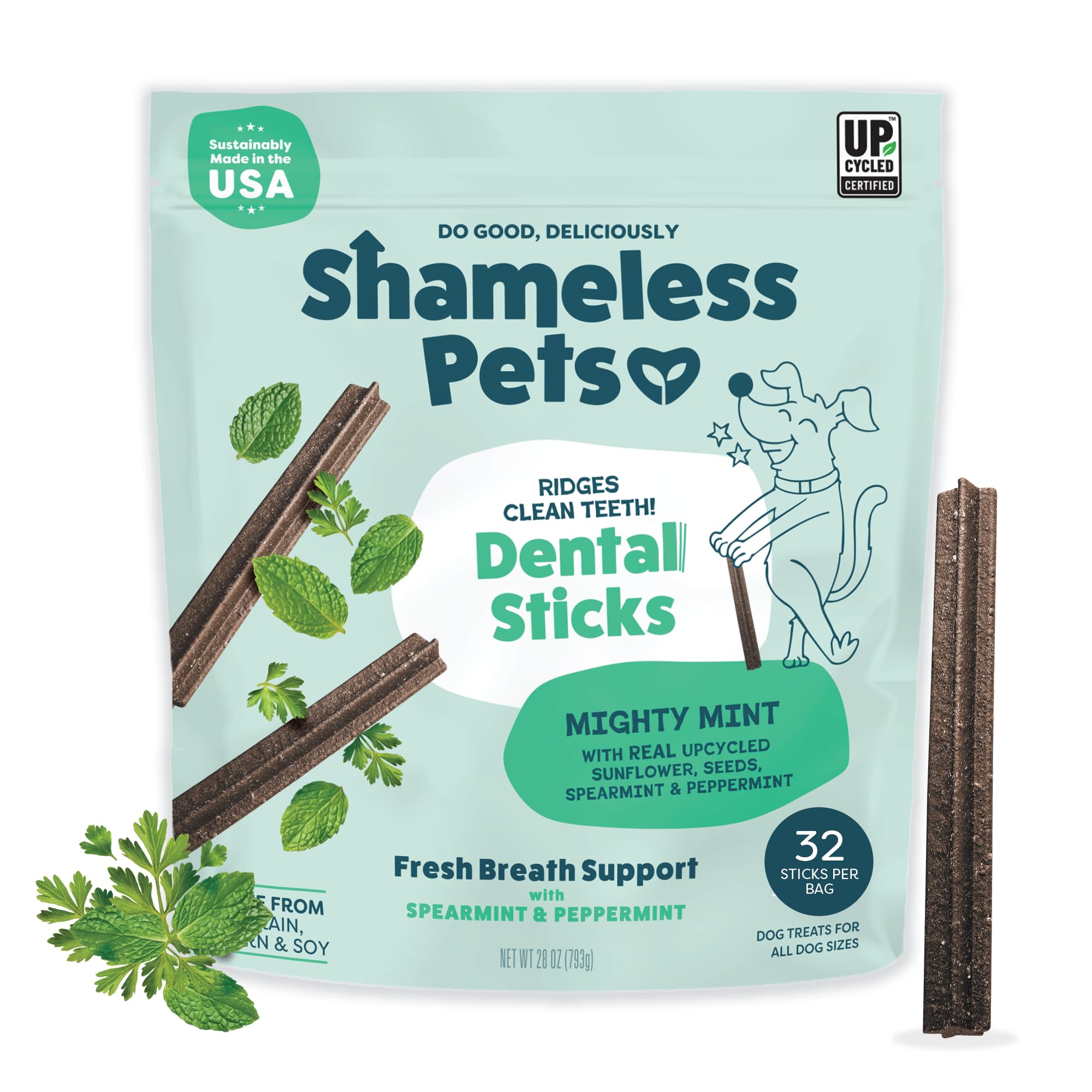 Shameless Pets Triple Mint Dental Chews for Dogs, 32 Chews - Natural Dog Teeth Cleaning Treats with Fresh Breath Benefits | Grain-Free Dental Sticks