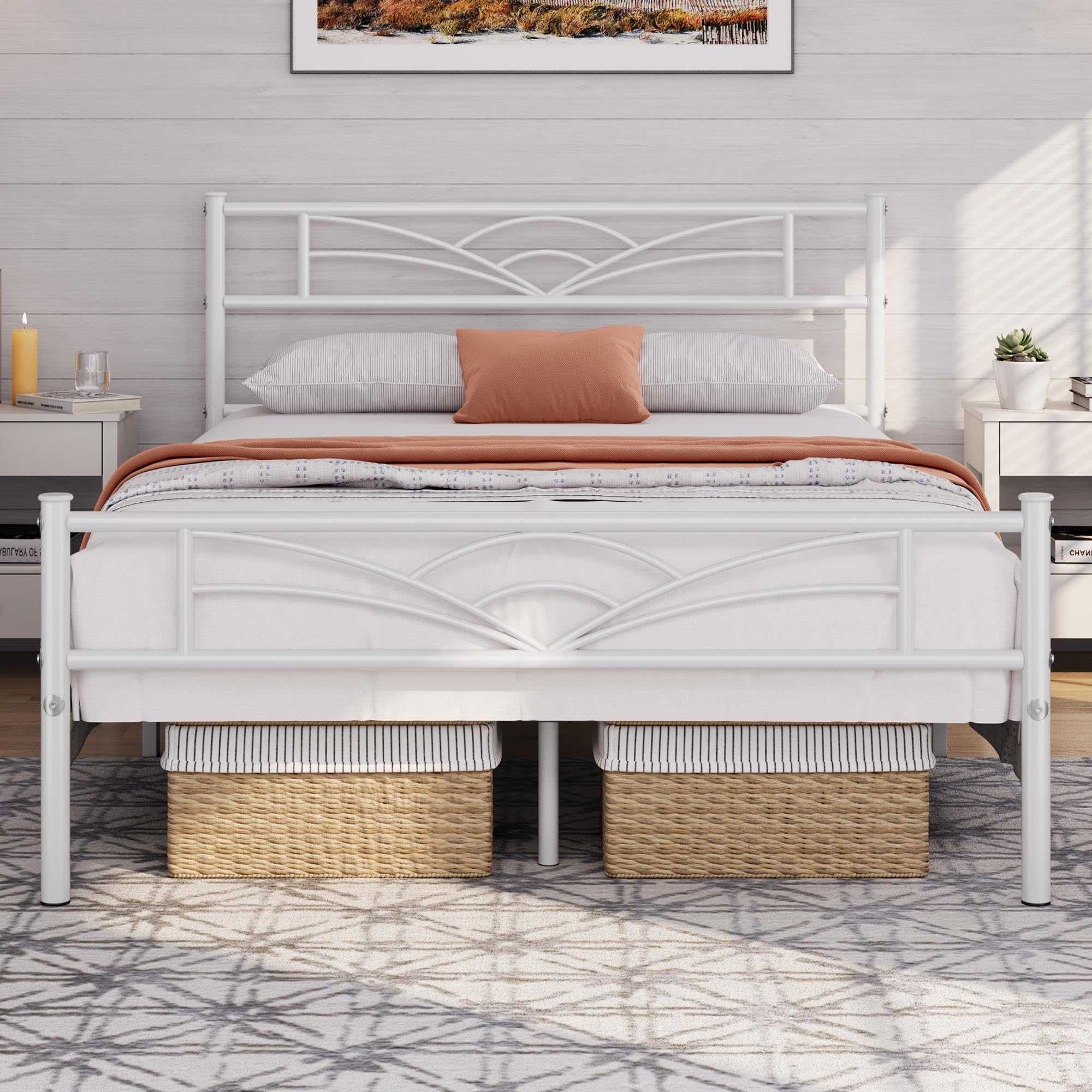 Yaheetech Full Size Bed Frame Metal Platform Bed Mattress Foundation with Cloud-Inspired Design Headboard/Footboard/Ample Under Bed Storage/No Box Spring Needed/Full Size White