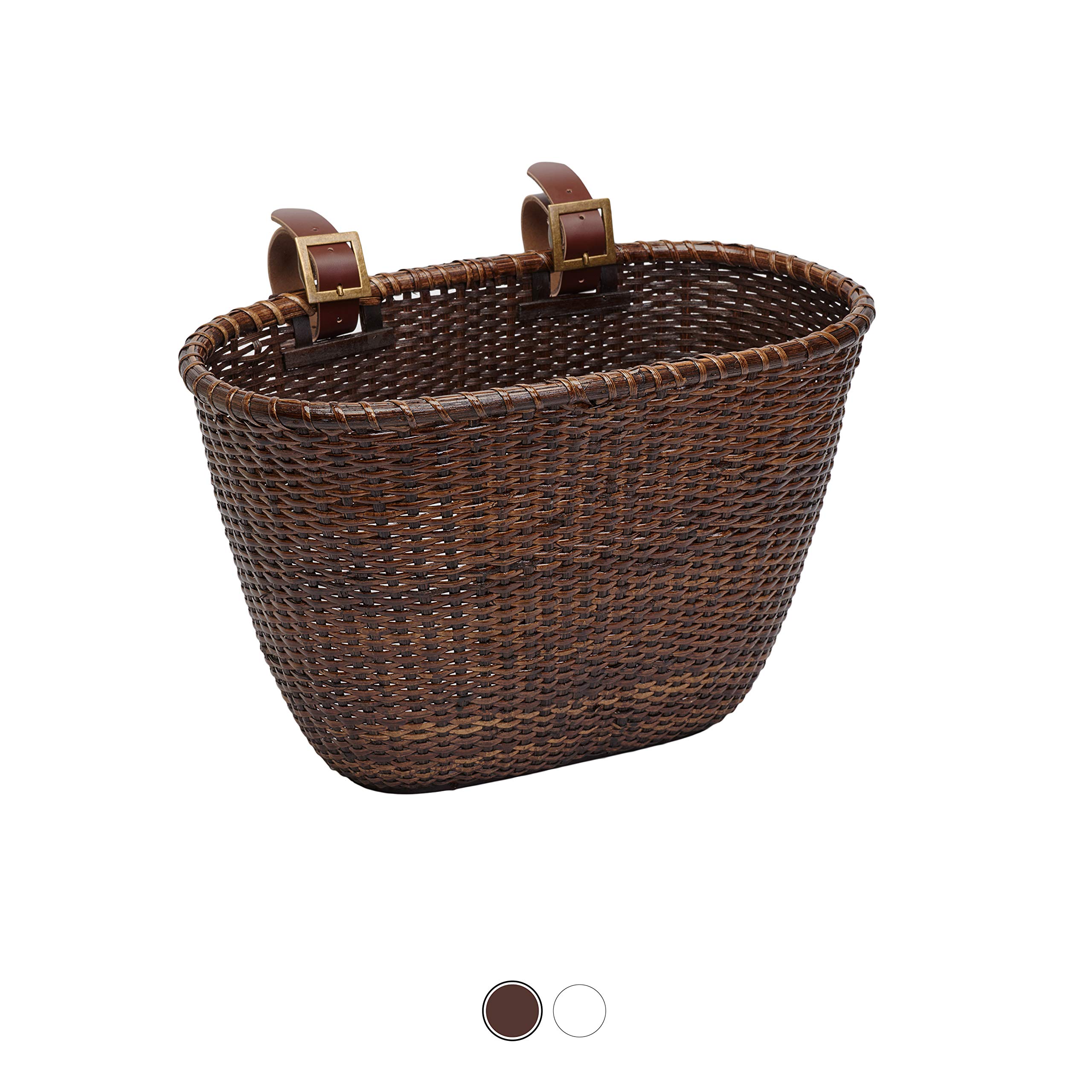 Retrospec Cane Woven Oval Dreamcatcher Basket with Authentic Leather Straps & Brass Buckles, Dark Stain