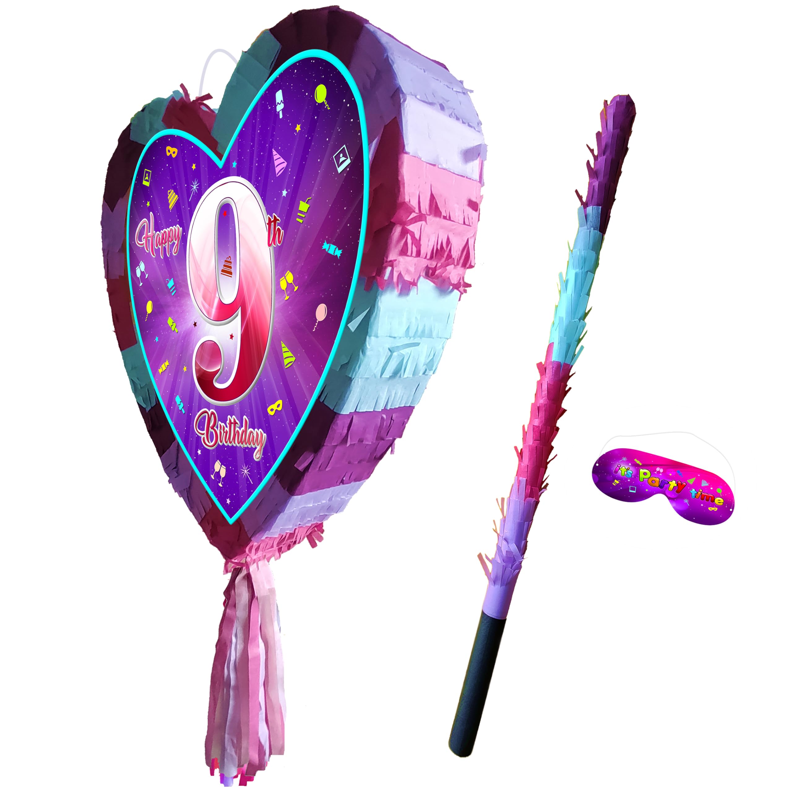 9th birthday pinata with stick - Girls Nine party smashing game - Big 41cm x 38cm, Pink, Purple, Sky Blue - Image 3