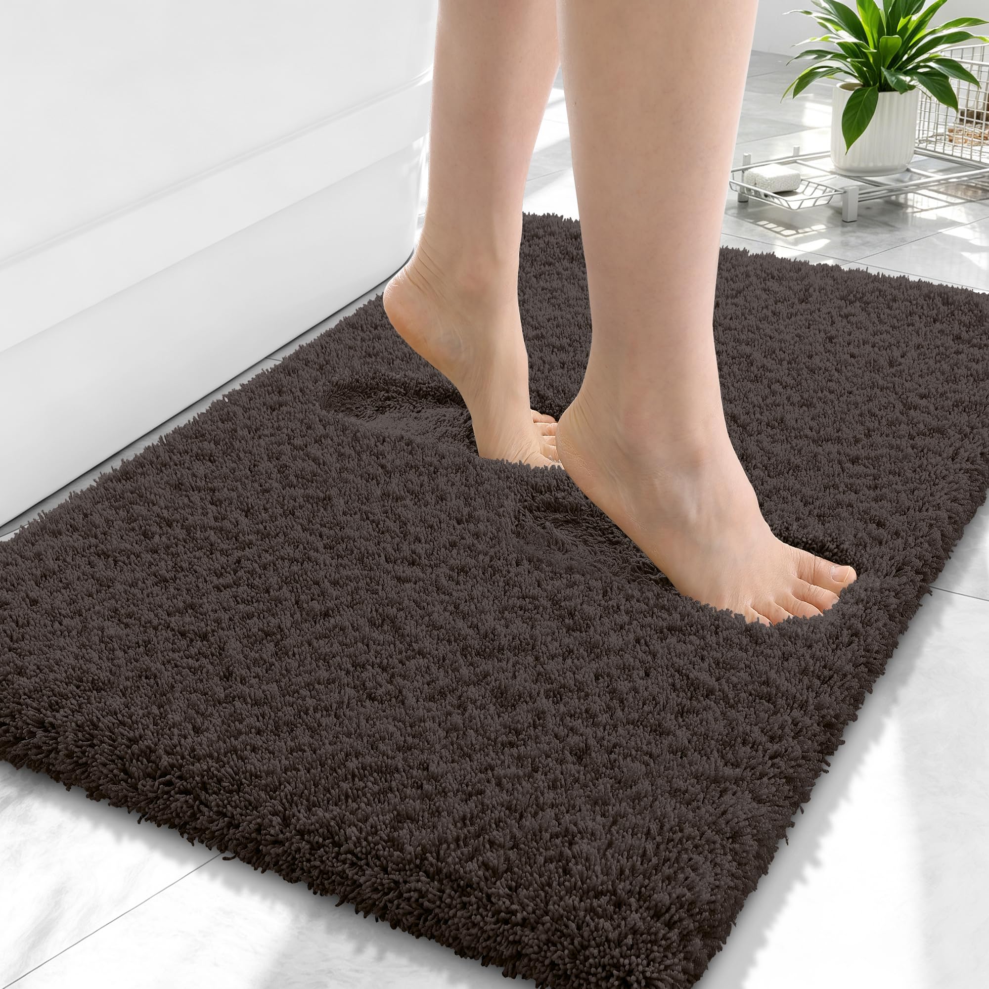 OLANLY Microfiber Small Bathroom Rugs 24x16, Soft Bath Mat, Dark Brown