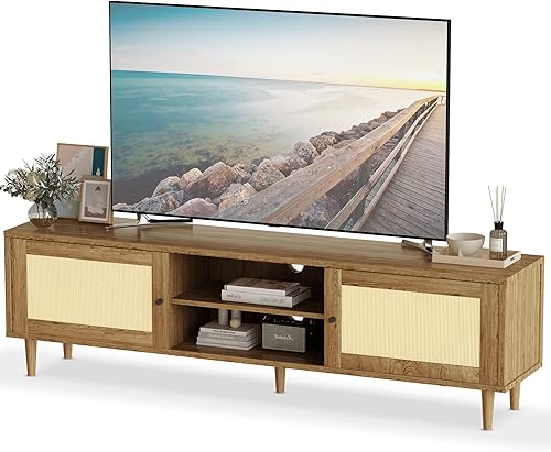 Miniatura 5 de AWQM Soporte de TV de ratán para TV de 65 pulgadas, gabinete central de entretenimiento con almacenamiento de 2 puertas y gabinete, mesa consola de