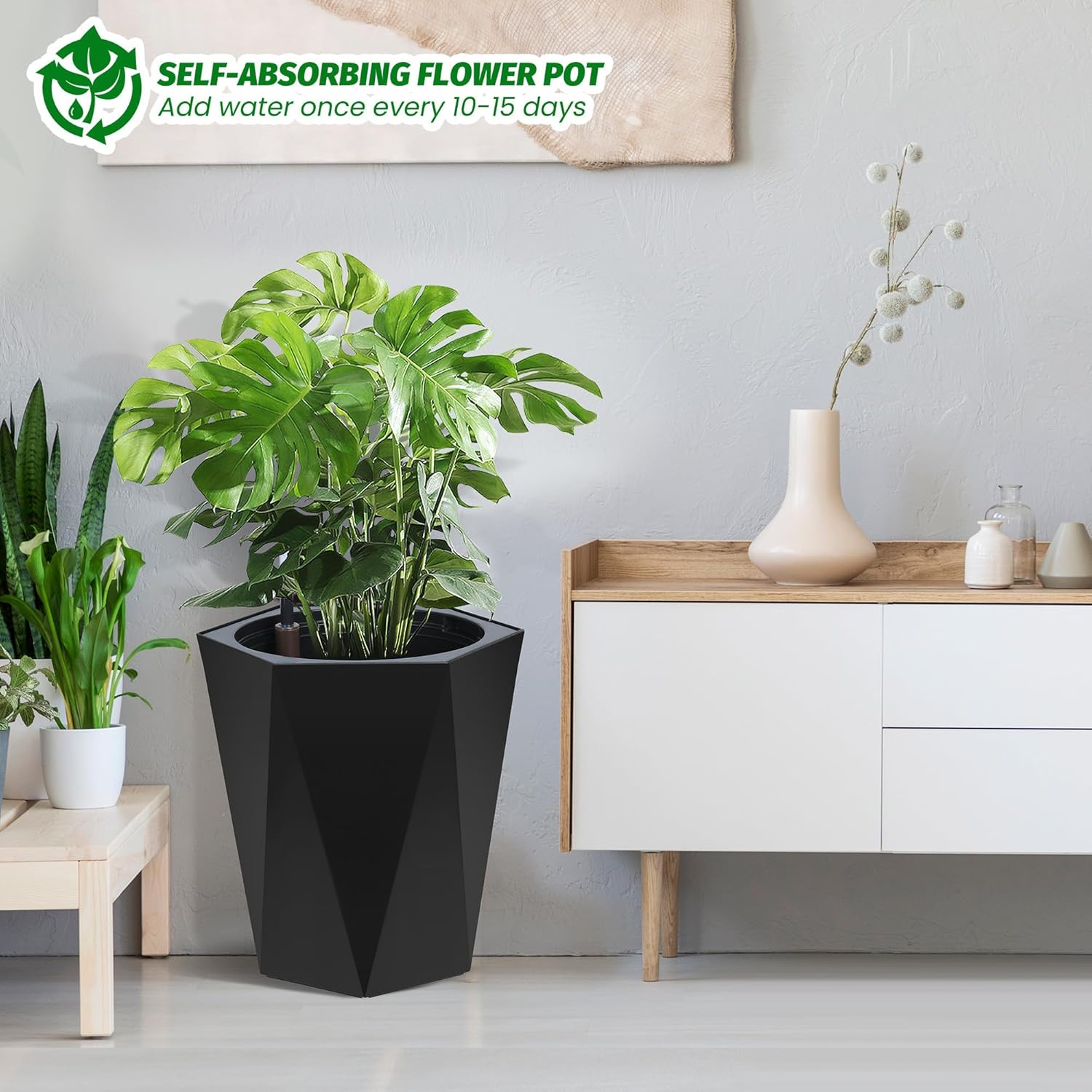 16 Inch Self Watering Planters Set of 2, Tall Diamond Design, with Water Level Monitor, Indoor Outdoor Flower Pots for Patio, Porch, Living Room, Home Office, White Black