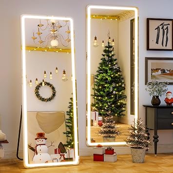 GLSLAND LED Full Length Mirror, 64"x21" Lighted Floor Mirror with Stand, Wall Mounted Leaning Large Standing Mirror for Bedroom, Cloak Room, White