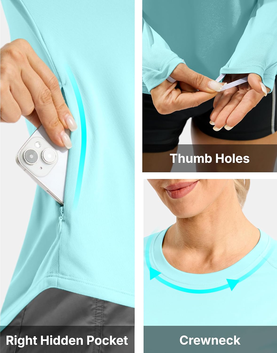 Women's UPF50+ Sun Protection Shirts with Zip Pocket Long Sleeve Workout Tops for Swimming Hiking Quick Dry Rash Guard - Image 5