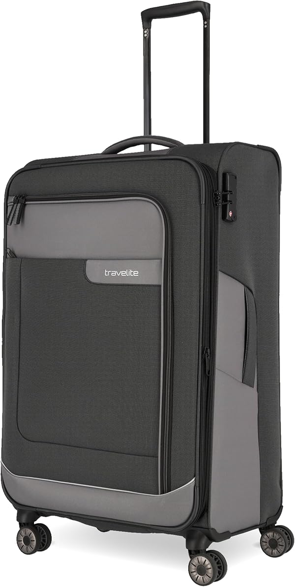 Travelite 4-Rad Koffer Größe L Weichschale aus recyceltem Material, Gepäck Serie VIIA: Trolley mit Dehnfalte + Kantenschutz, 77 cm, 91-103 Liter