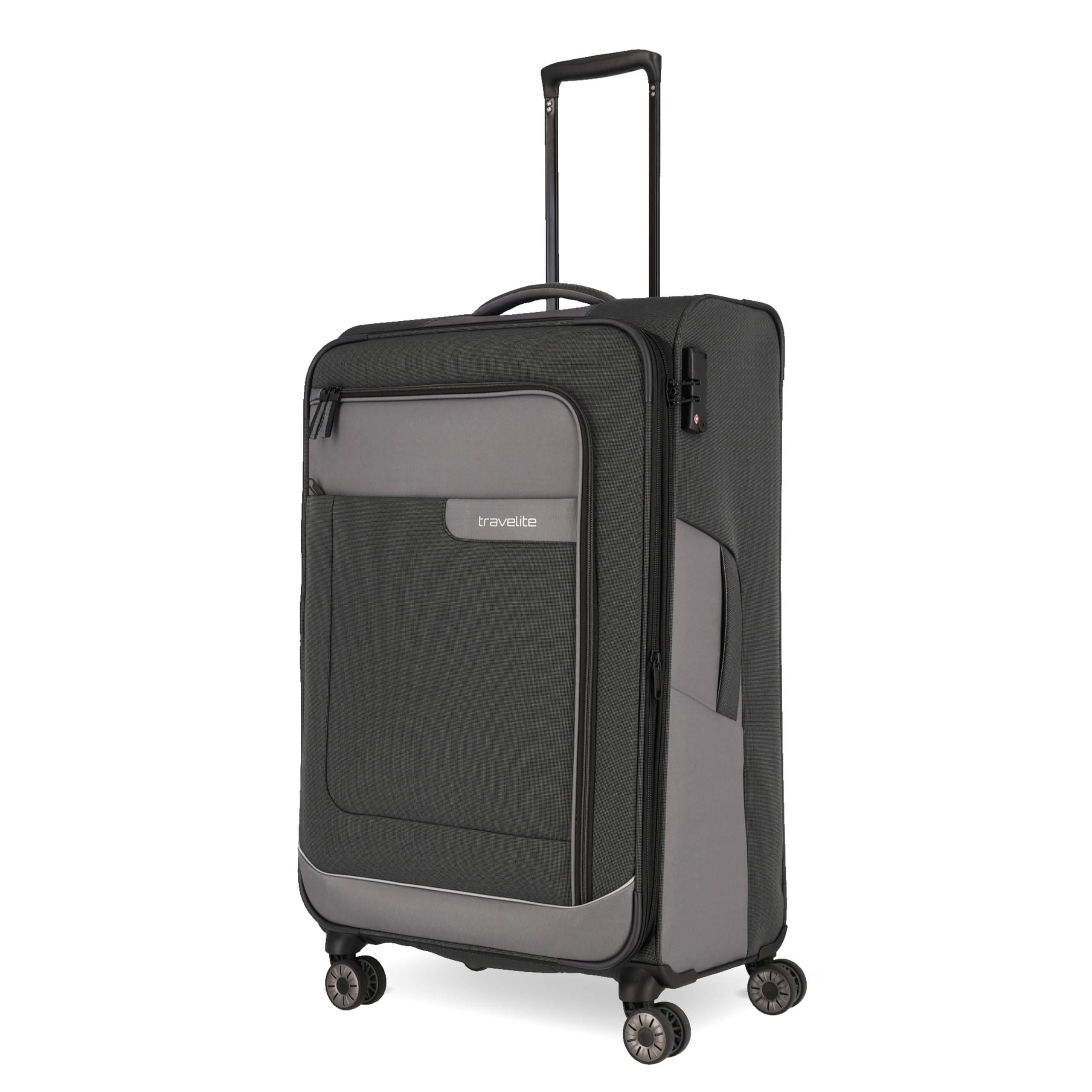 Travelite 4-Rad Koffer Größe L Weichschale aus recyceltem Material, Gepäck Serie VIIA: Trolley mit Dehnfalte + Kantenschutz, 77 cm, 91-103 Liter