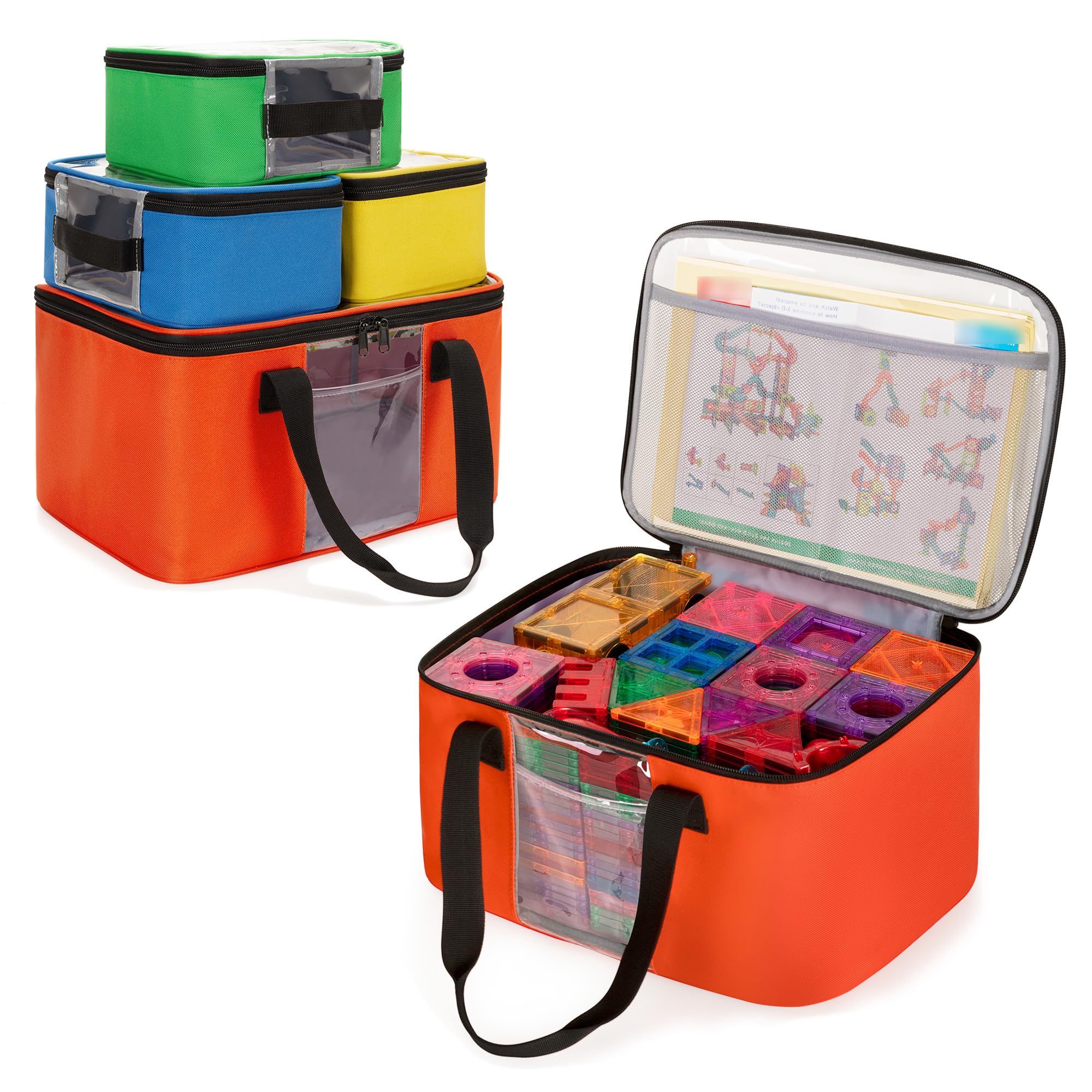 Rexmica Paquete de 4 bolsas de almacenamiento de juguetes para azulejos magnéticos de construcción, bolsa organizadora de almacenamiento de juguetes multifunción, bloques magnéticos, bolsa de viaje