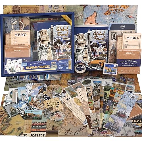 Funto Scrapbooking Kit(154 PCS), Travel Meory Series-Global Travel, Perfect for Bullet Scrapbooking Materials, Planner DIY Arts Craft Collage